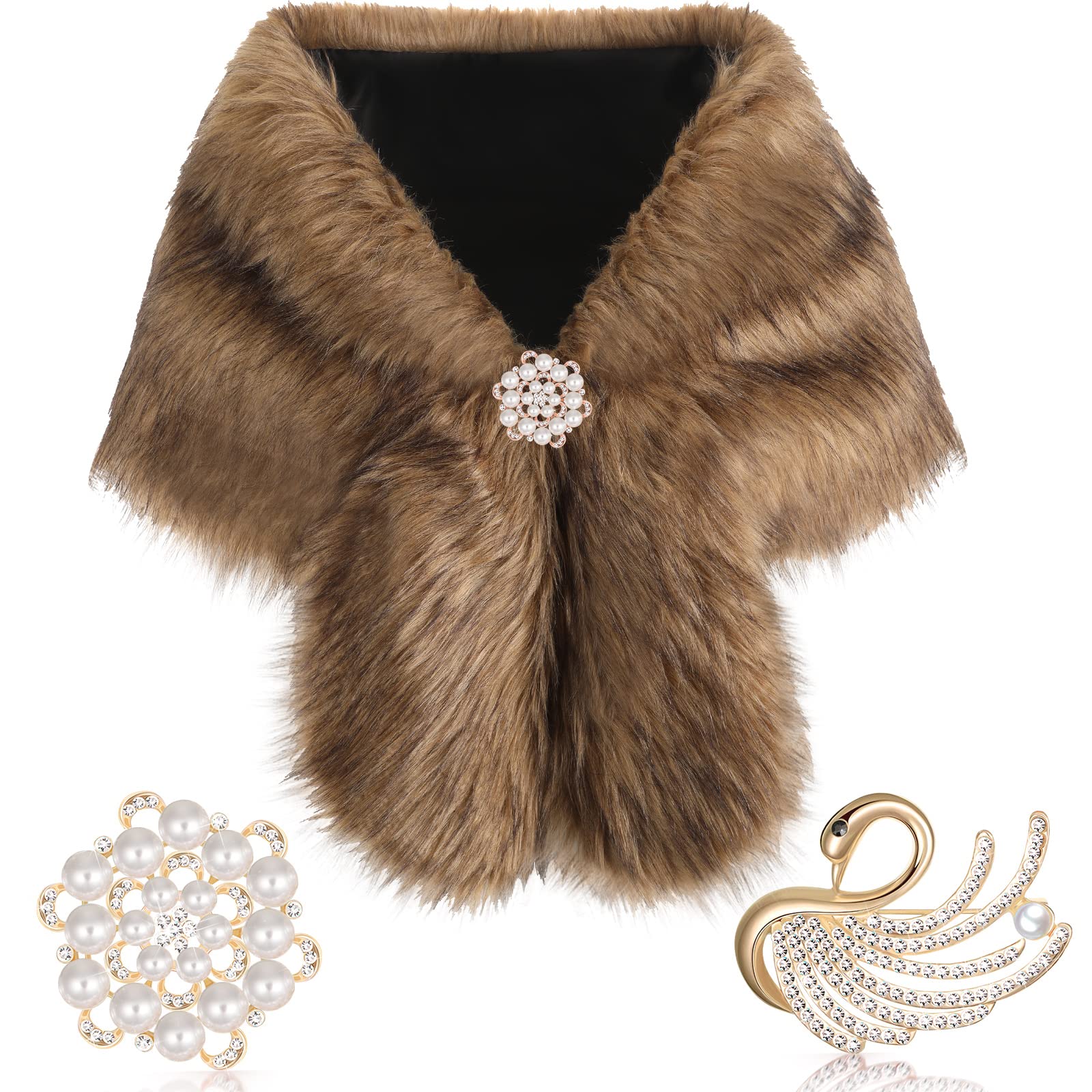 Geyoga Faux Fur Shawl Wrap Stole Shrug Winter Bridal Wedding Scarf Wrap with Faux Pearl Rhinestone Brooches for Women 1920s