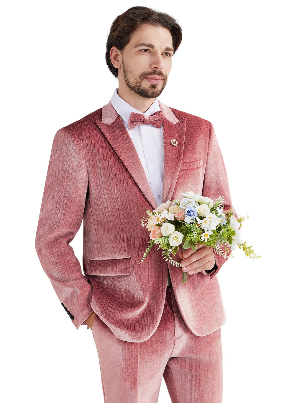 MAGE MALE Mens Suits Velvet Tuxedo Suit Set Slim Fit 2 Piece Luxurious Party Dinner Jacket Pants with Bow Tie