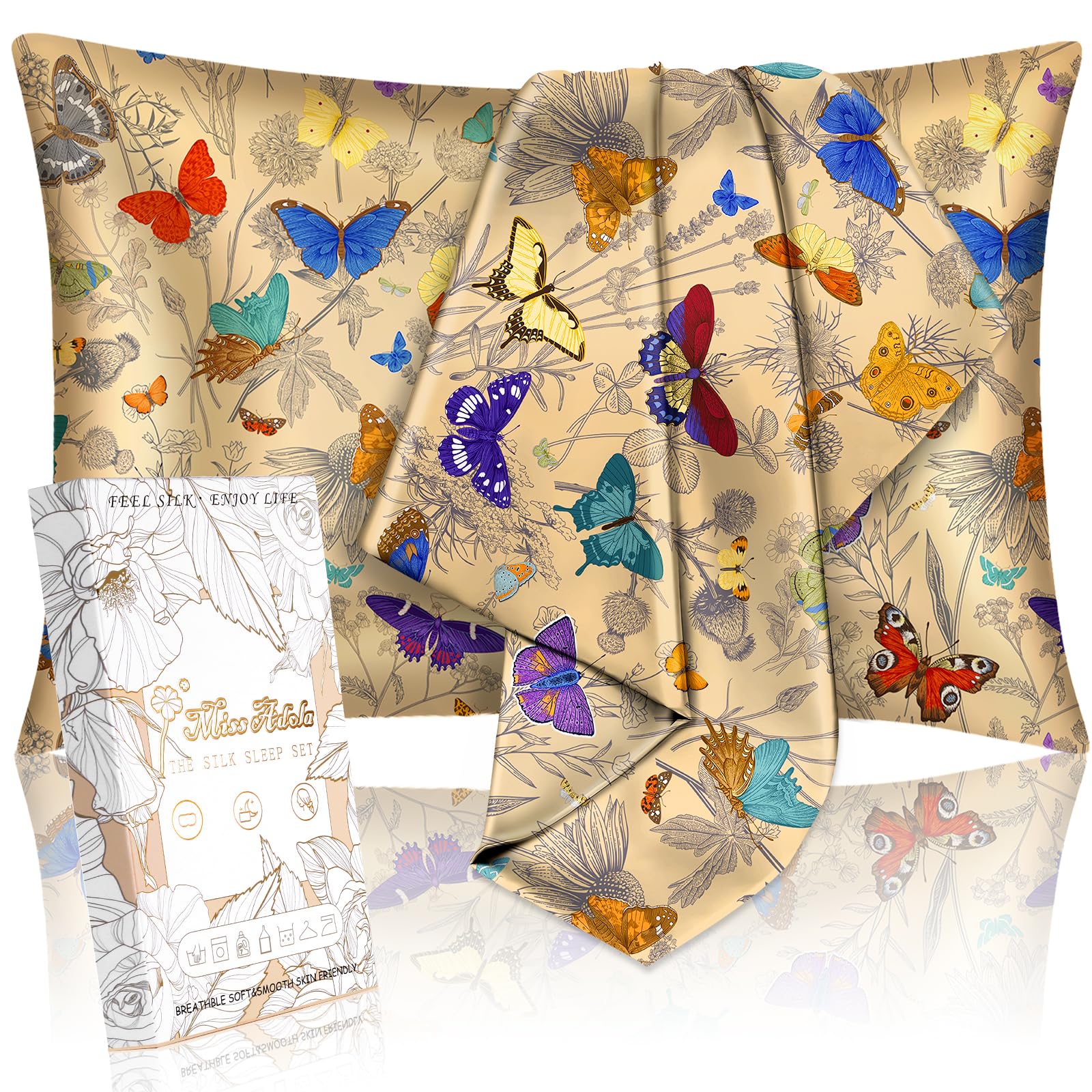 Miss Adola 2 Pack Mulberry Silk Pillowcase for Hair and Skin - Standard Size 20 x 26 Inches with Hidden Zipper Beige Flower 19 Momme Soft Sleeping Silk Pillow Case for Women, Moms