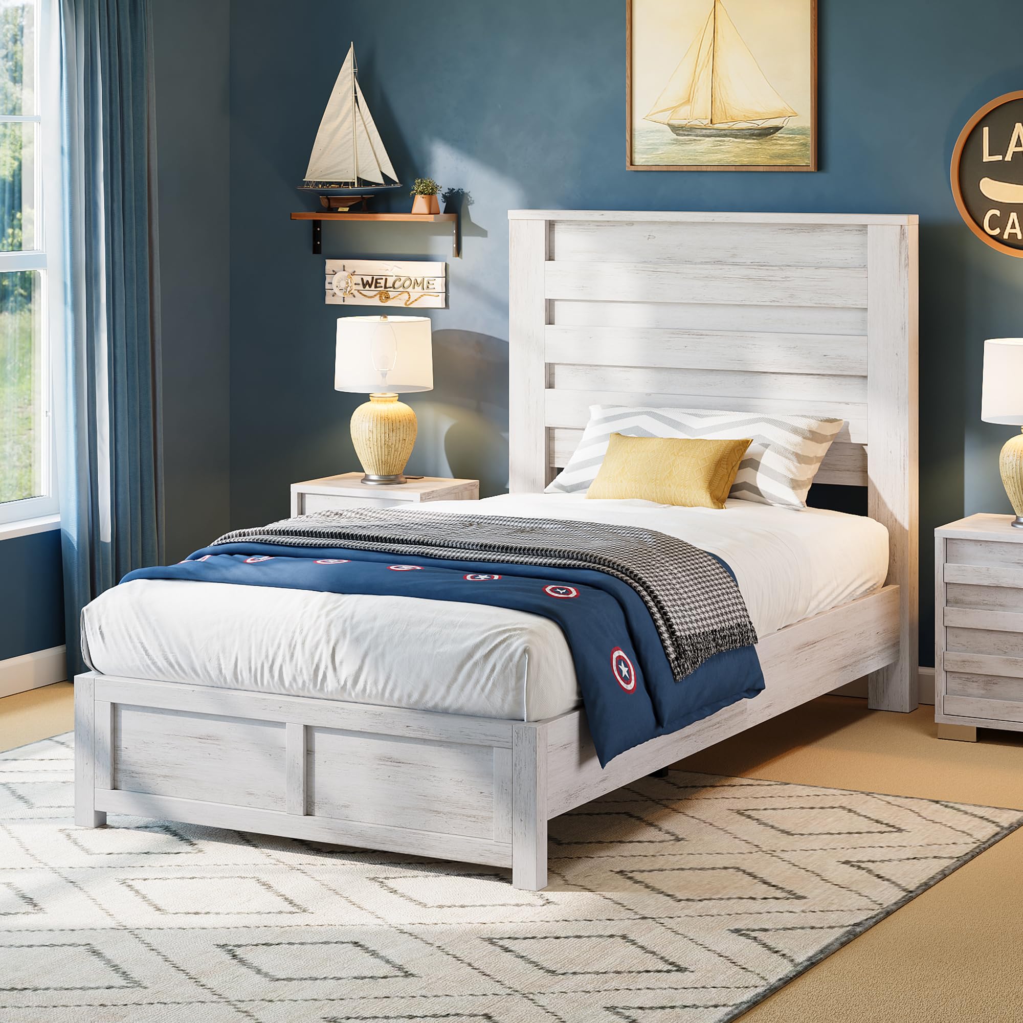 AMERLIFE Farmhouse Full Size Bed Frame with 49" Fluted Headboard, Wood Platform Bed with Natural Grain, No Box Spring Needed/Noise Free, Black