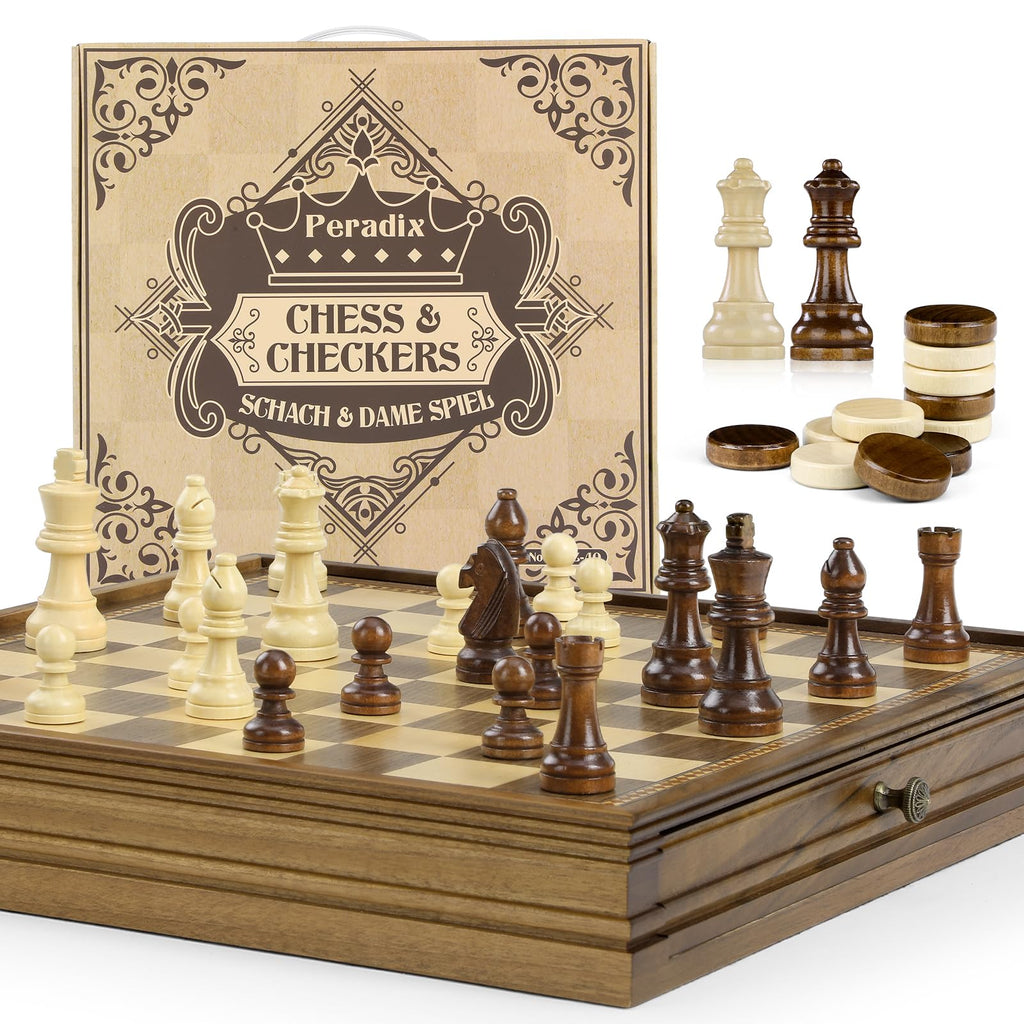 Peradix Magnetic Chess and Checkers Set with 2 Built-in Storage Drawers, Classic 2 in 1 Wooden Board Games, Magnetic Chess Pieces 2 Extra Queens, 12.8" Chess Set for Adults and Kids Gift Package
