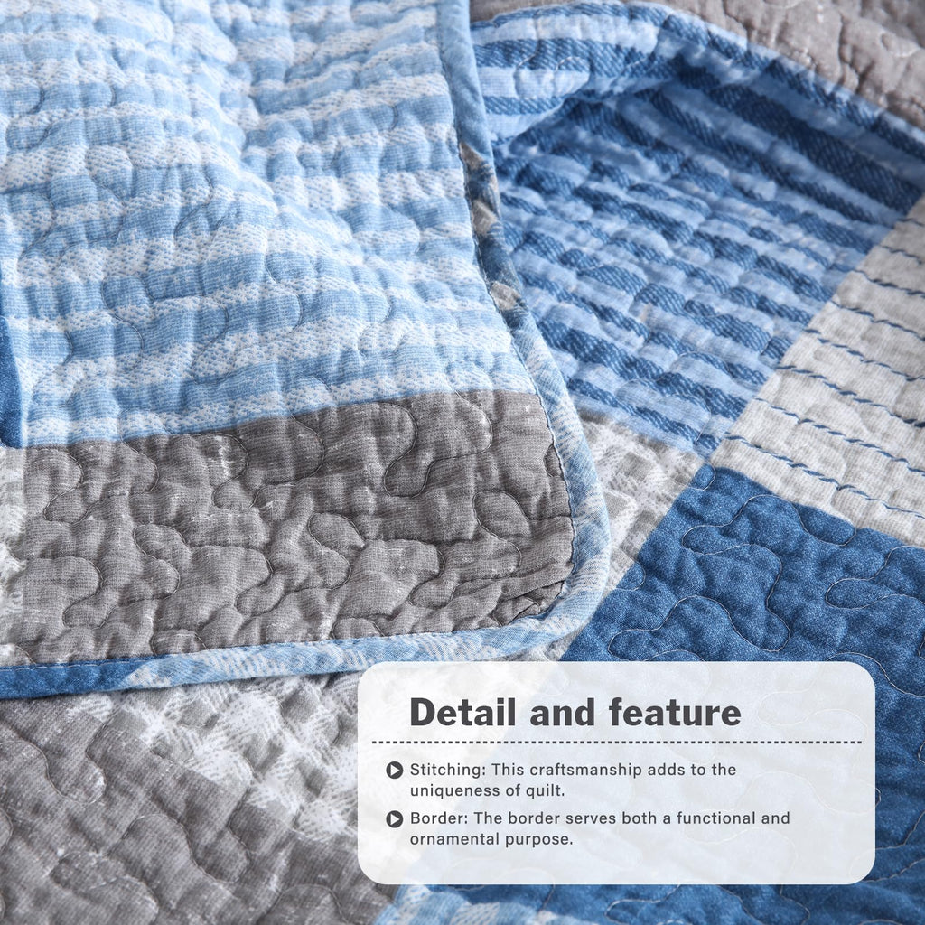 Y-PLWOMEN 100% Cotton Farmhouse Plaid Lightweight 3-Pieces Quilt Set (Blue Brown, Queen90 * 98 Inch)