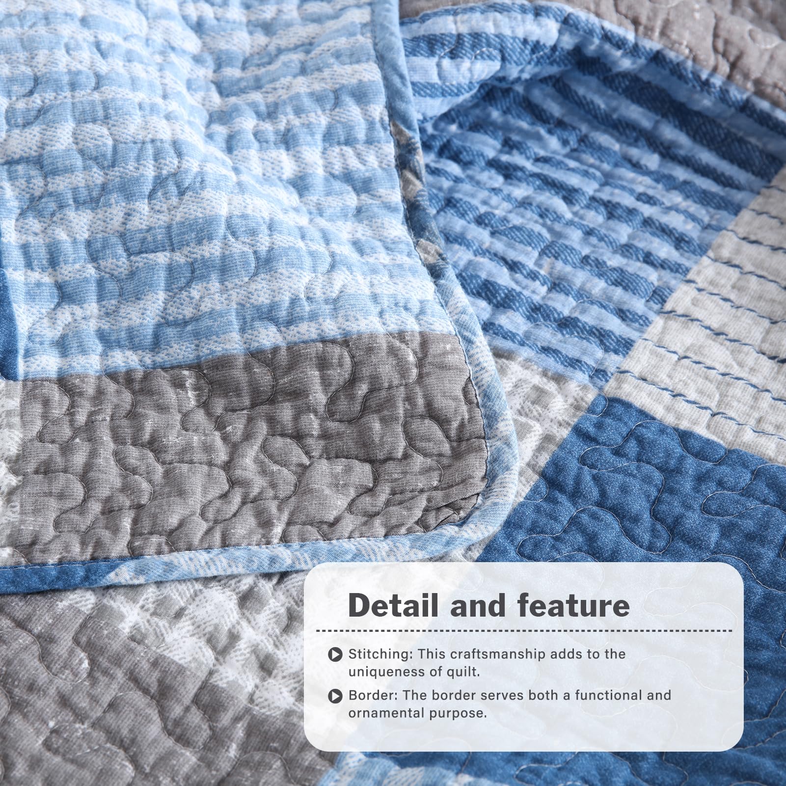 Y-PLWOMEN 100% Cotton Farmhouse Plaid Lightweight 3-Pieces Quilt Set (Blue Brown, Queen90 * 98 Inch)
