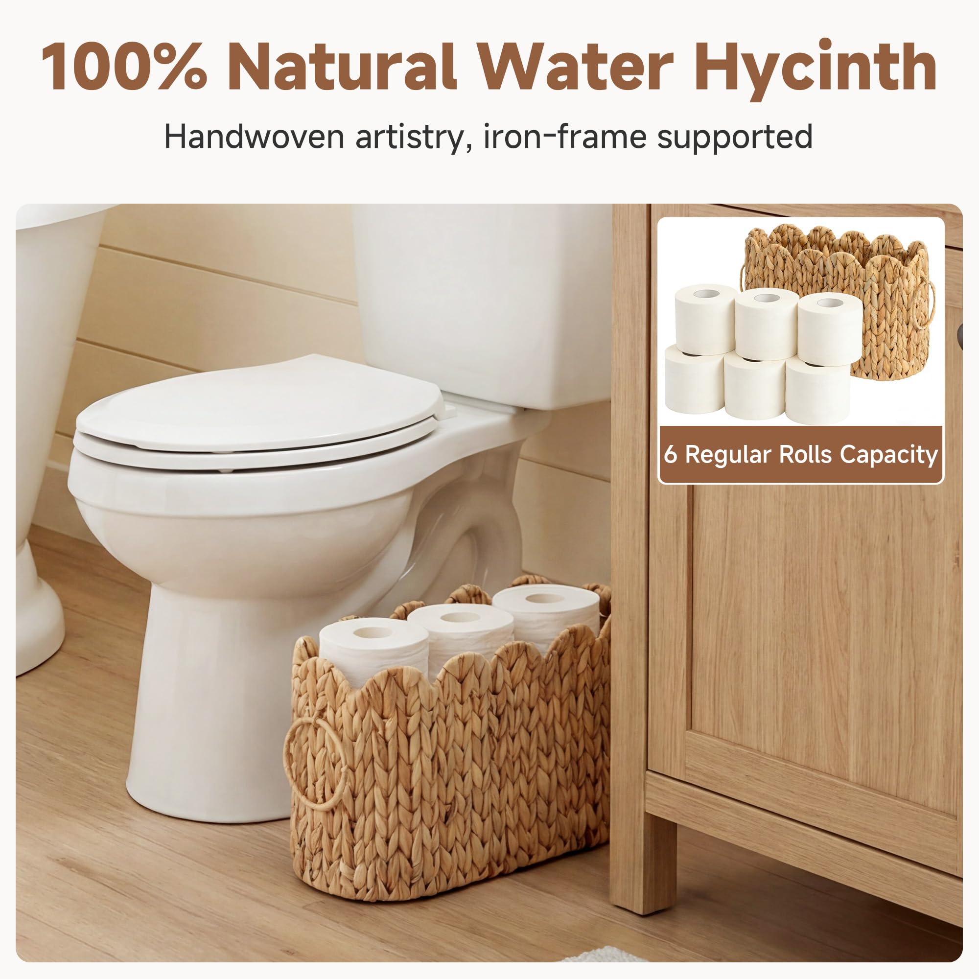 StorageWorks Bathroom Toilet Paper Storage Holder with Lid, Wicker Toilet Paper Basket for 6 Regular Rolls, Slim Basket Organizer with Handles, Water Hyacinth Storage Baskets for Bathroom, Brown