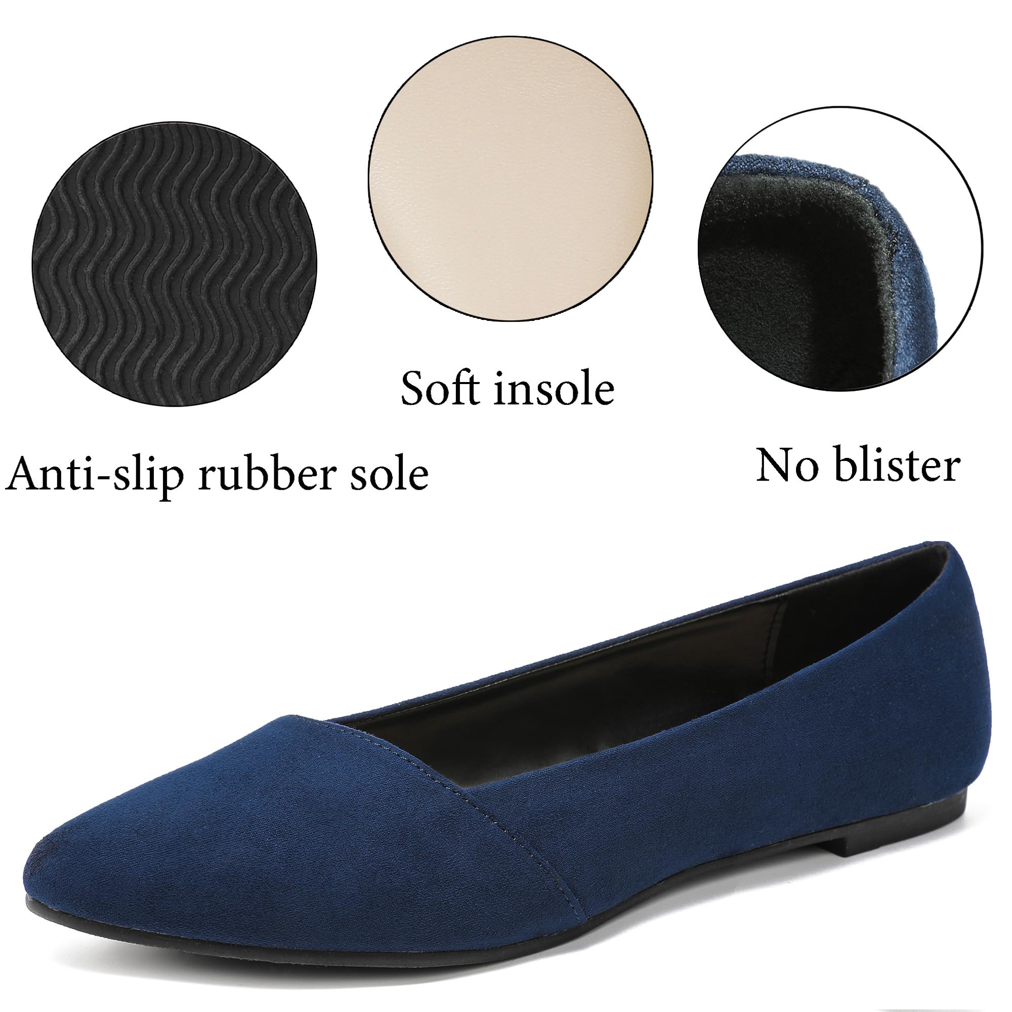 Ataiwee Women's Wide Width Ballet Flats - Stylish Pointed Toe Suede, Soft Comfortable Non-slip Sole.