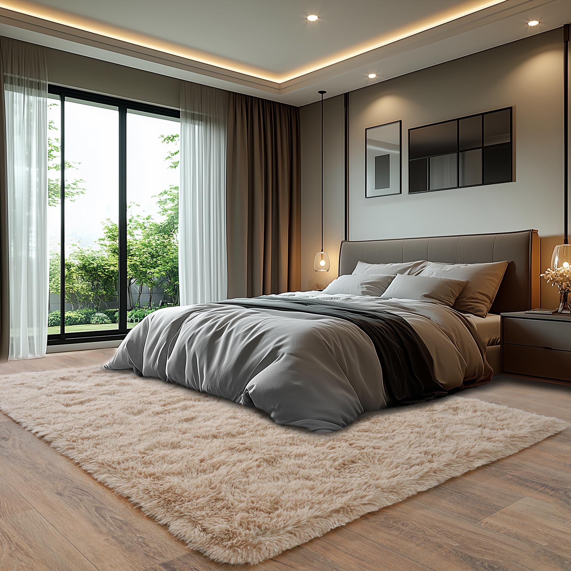 Beige Fluffy Rug for Bedroom 4x6ft - Ultra Soft & Non Slip Shaggy Area Rug, Comfy Durable Carpet for Living Room Kids Room Teens Dorm Home Decor, 1.7'' Thick Indoor Plush Carpets