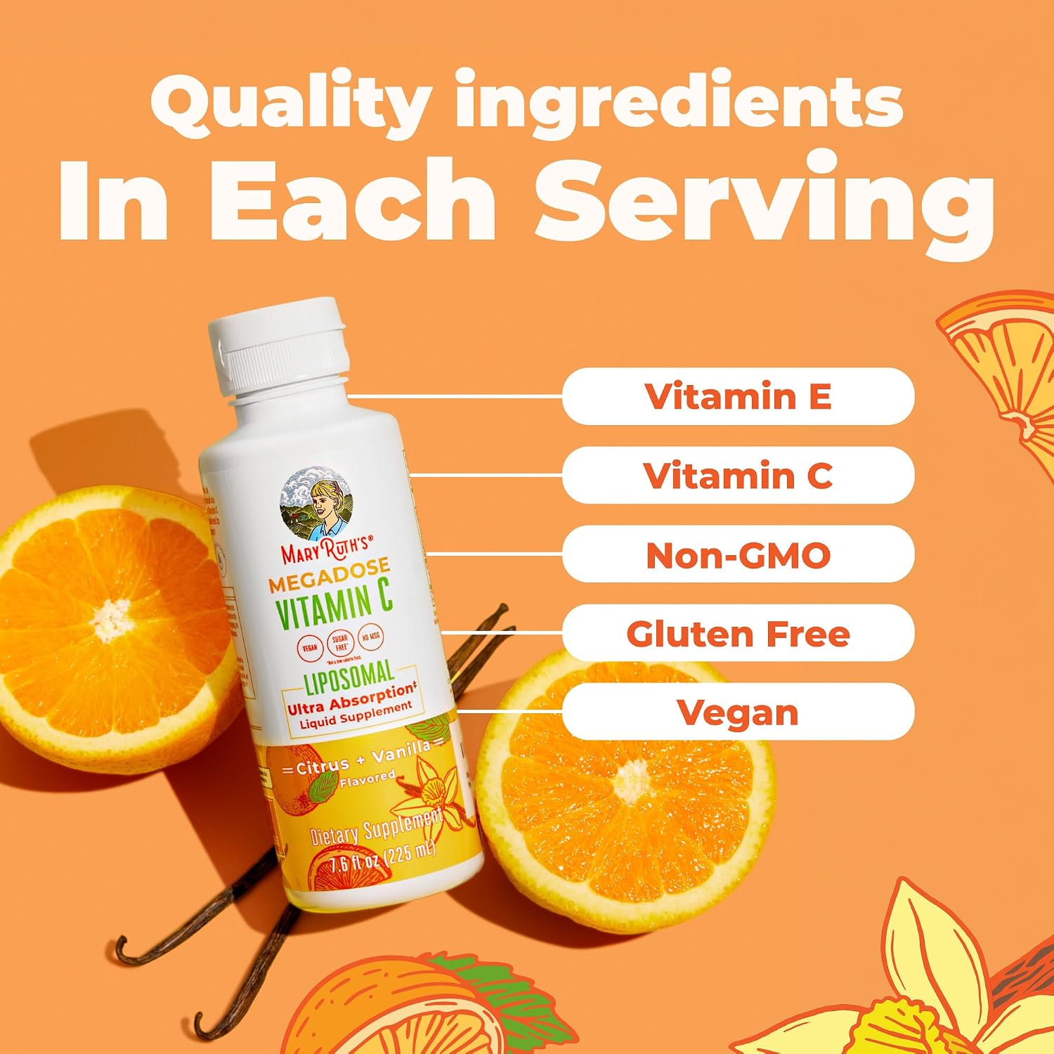 MaryRuth's Megadose Liquid Vitamin C Liposomal | 500 mg Vitamin C | Ultra Absorption | Immunity Supplement | Antioxidant | Collagen Formation | Vegan | Gluten Free | Sugar Free | 7.6 Oz | 30 Servings
