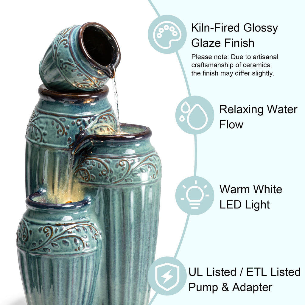 Glitzhome 27.25" H Outdoor Garden Water Fountain with LED Lights and Pump, 4 Tier Cobalt Blue Embossed Pattern Ceramic Pots Cascading Floor Standing Fountain for Porch Deck Patio Backyard Decoration
