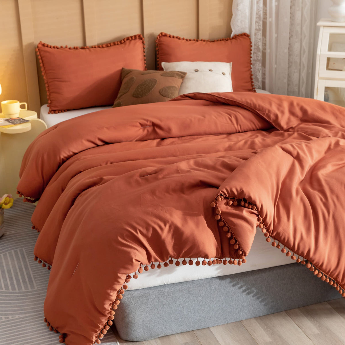 YIRDDEO Twin Comforter Set - Comforter Twin Size Bed with Ball Pom Fringe, Soft Bedding Set for All Seasons - 2 Pieces, 1 Comforter (66"x90") & 1 Pillow Sham(20"x26"), Beige
