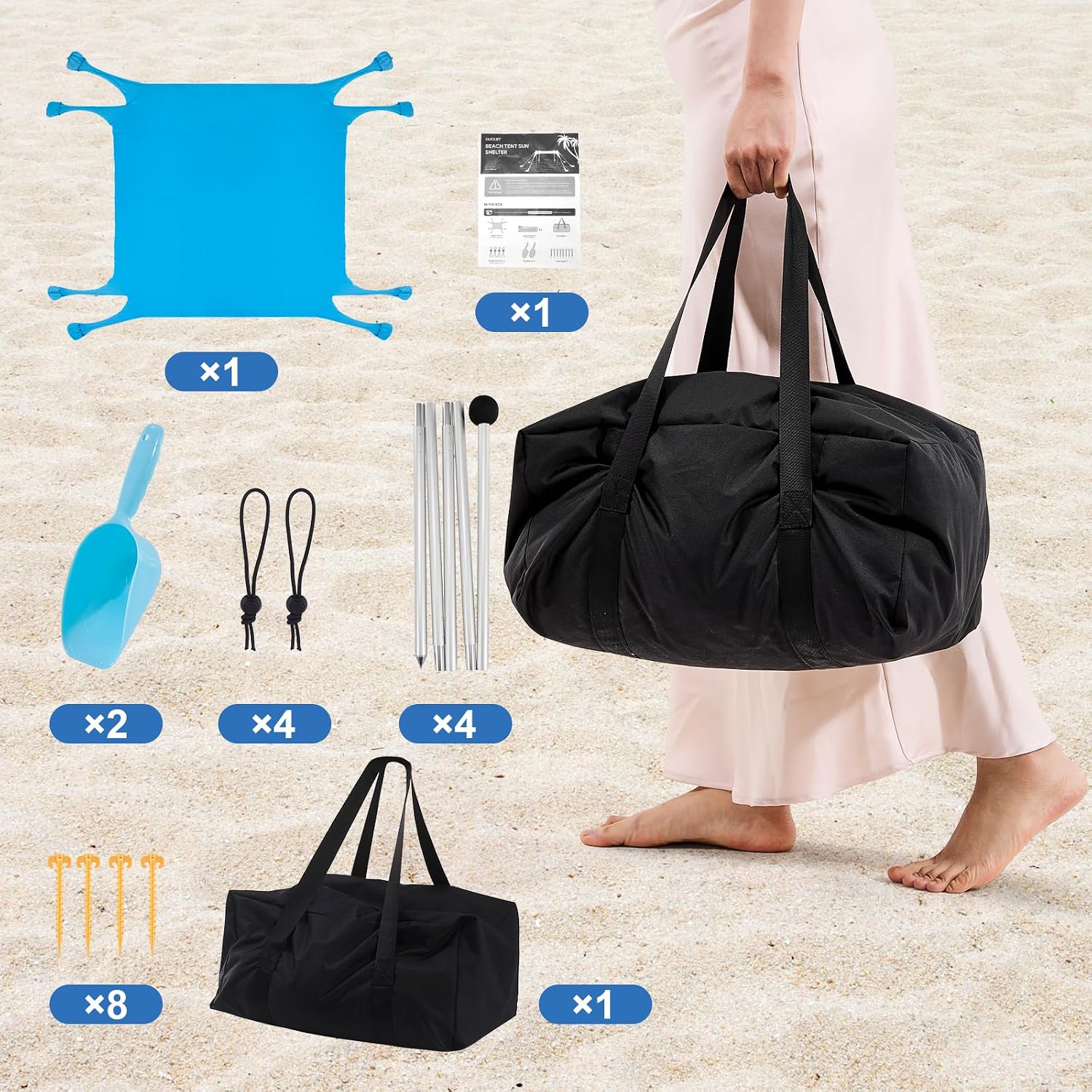 Beach Tent Sun Shelter, Beach Shade Canopy UPF50+, 10x10ft Canopy Tent with 8 Sandbags, Sand Shovels, Ground Pegs & Stability Poles, Pop Up Shade Tents for Beach, Camping, Fishing