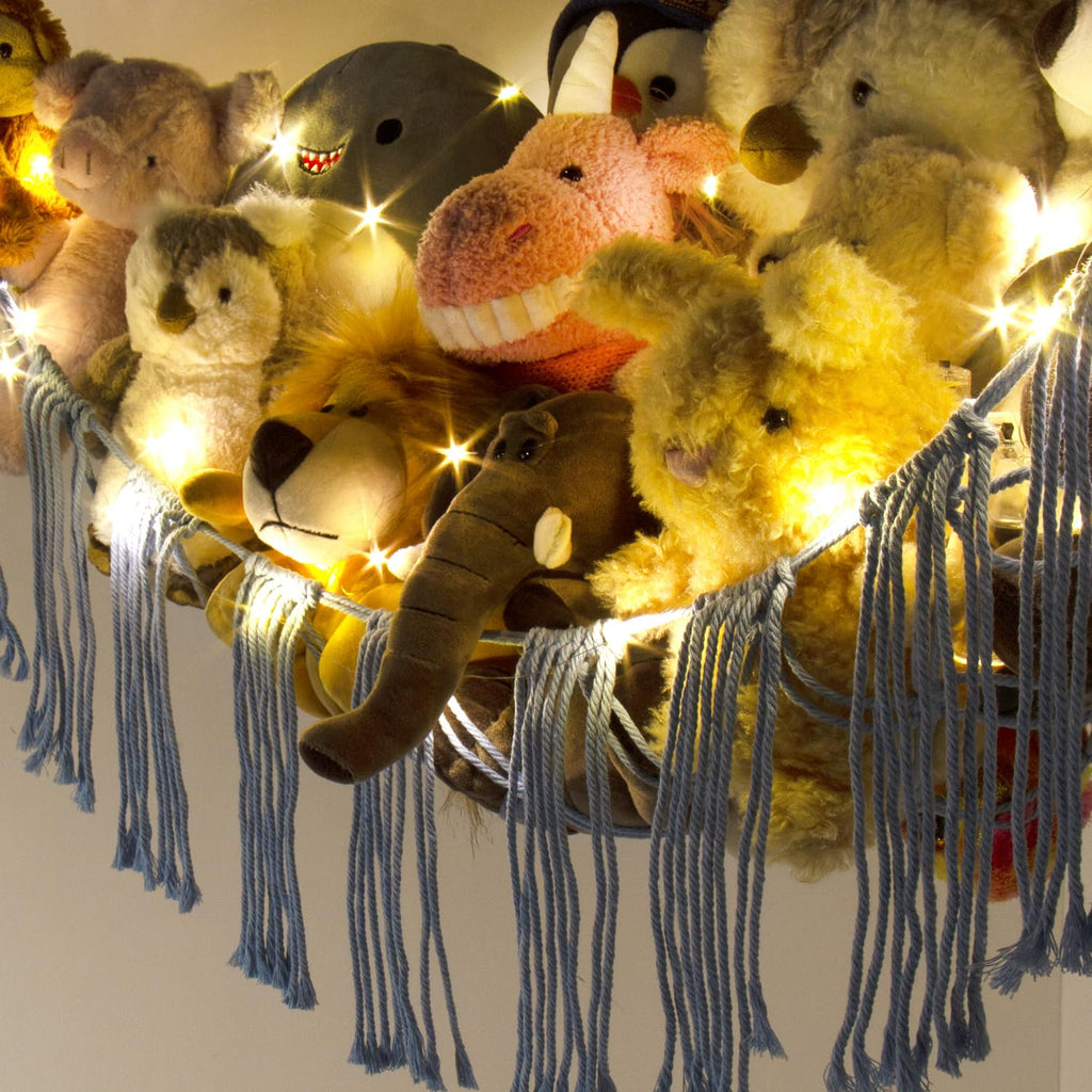 Stuffed Animal Hammock Corner with LED Light - Toy Storage Hammock Plushie Net Large - Cute Stuff Animals Holder Hanging Organizer - Baby Room Decor Kids Toddler Nursery Bedroom Boho