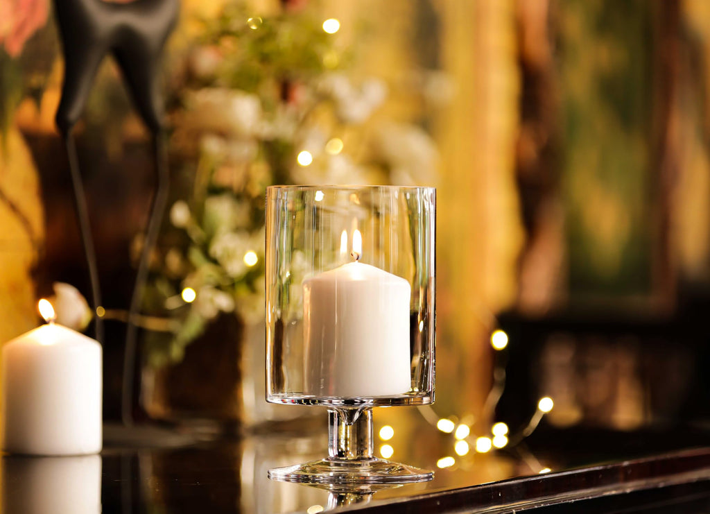 CYS EXCEL Glass Hurricane Pillar Candle Holder (H:6" W:3.75") | Multiple Size Choices Short Stem Candle Centerpieces | Stemmed Glass Cylinder Candle Vase