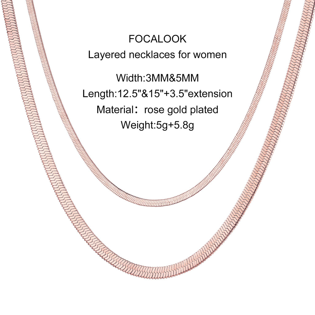 FOCALOOK 14K Gold Plated Necklaces for Women, Fashion Herringbone Choker Necklace Stainless Steel Flat Snake Chain 3/5MM(W) 12.5"/15"/18"+3.5"(L)
