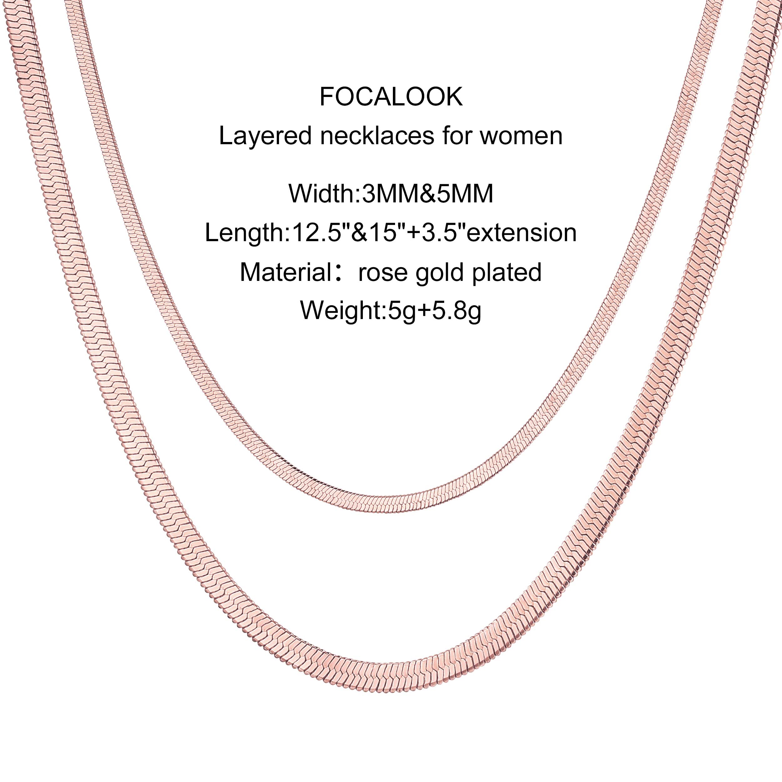 FOCALOOK 14K Gold Plated Necklaces for Women, Fashion Herringbone Choker Necklace Stainless Steel Flat Snake Chain 3/5MM(W) 12.5"/15"/18"+3.5"(L)