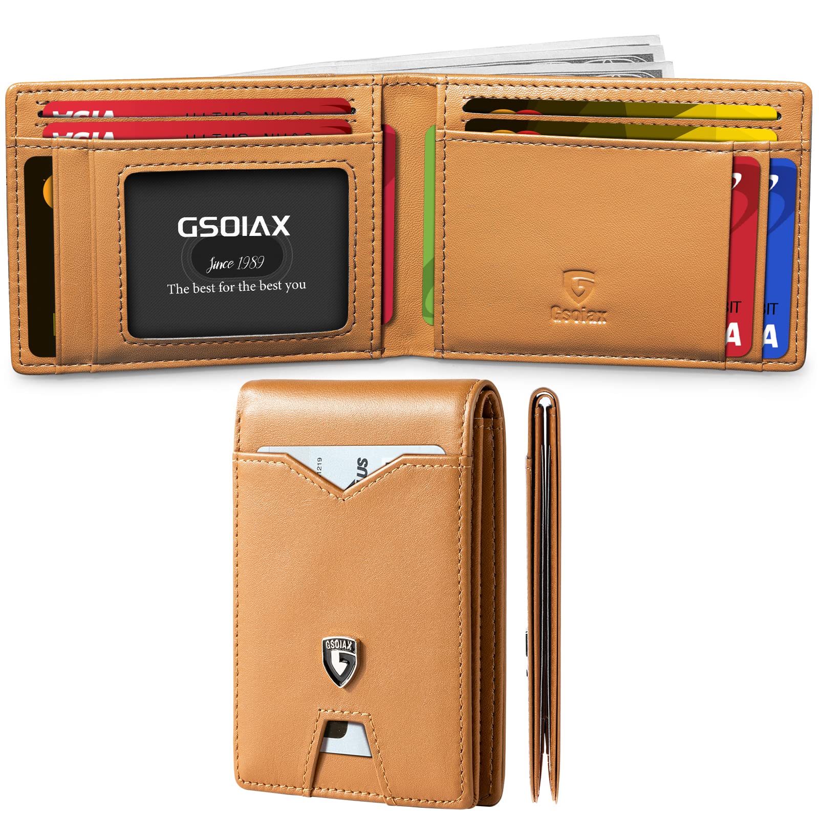 GSOIAX Slim Wallet for Men Rfid Blocking Leather Bifold Front Pocket Carbon Fiber Men's Money Clips Credit Card Holder With Gift Box