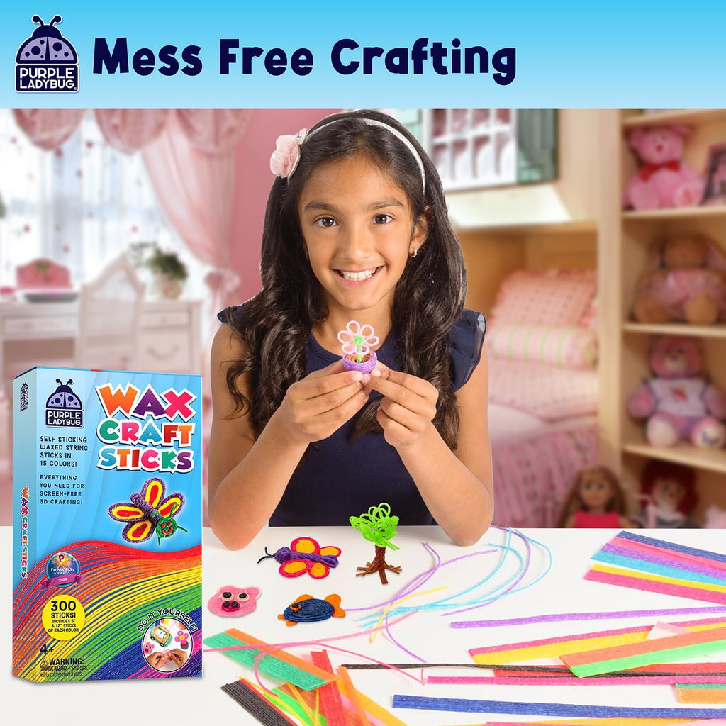 PURPLE LADYBUG 300 PCS Bendable Wax Craft Sticks in 2 Lengths - 6" and 12" Strips in 15 Colors Each, Mess-Free Road Trip Activity for Kids, Travel Toys for Car & Airplane for Kids Ages 4+