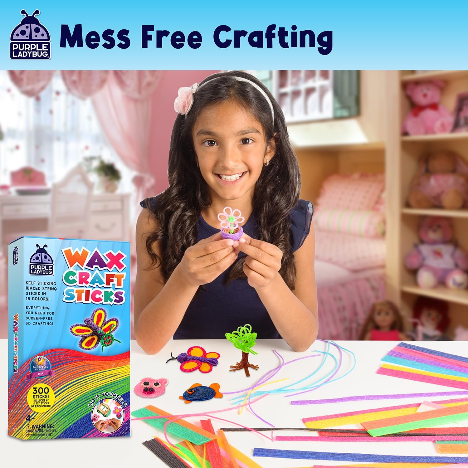 PURPLE LADYBUG 300 PCS Bendable Wax Craft Sticks in 2 Lengths - 6" and 12" Strips in 15 Colors Each, Mess-Free Road Trip Activity for Kids, Travel Toys for Car & Airplane for Kids Ages 4+