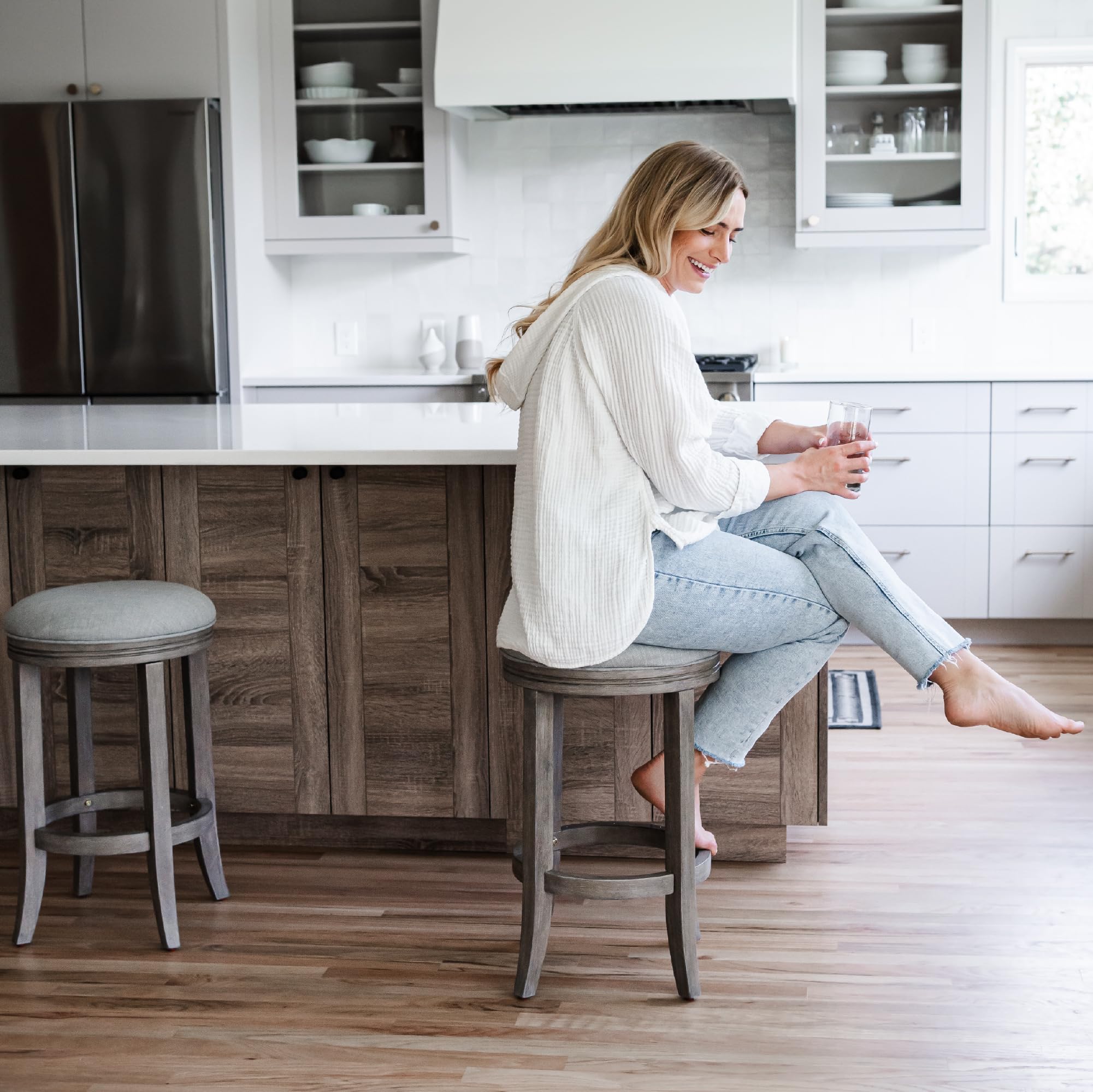 Maven Lane Eva Counter Stool 26 Inches – Round Swivel Stool with Footrest – Grey Solid Wood and Grey Fabric Upholstery – Perfect for Kitchen Islands and Counters