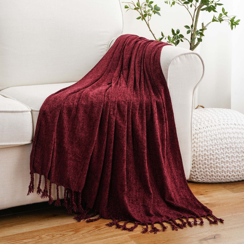 BATTILO HOME Beige Chenille Throw Blanket for Couch, Soft Cozy Textured Knit Throw Blanket with Handmade Fringe Tassels, Lightweight Decorative Farmhouse Blanket for Sofa Bed Chair, 50"x60"