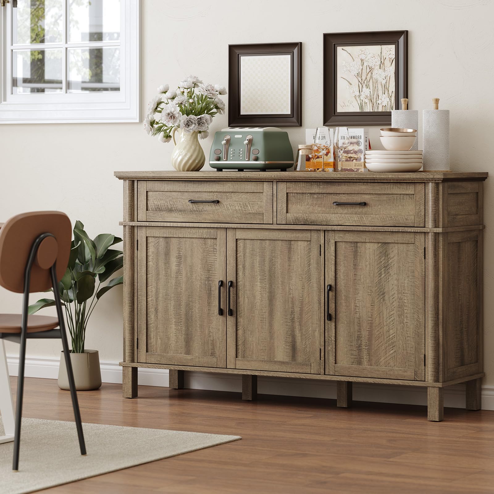 ONBRILL 48 Inches Buffet Cabinet with Storage, Farmhouse Sideboard Buffet w/2 Drawers and 3 Doors, Wood Coffee Bar Cabinet with Adjustable Shelves, Sideboard Storage for Kitchen, Living Room, Black