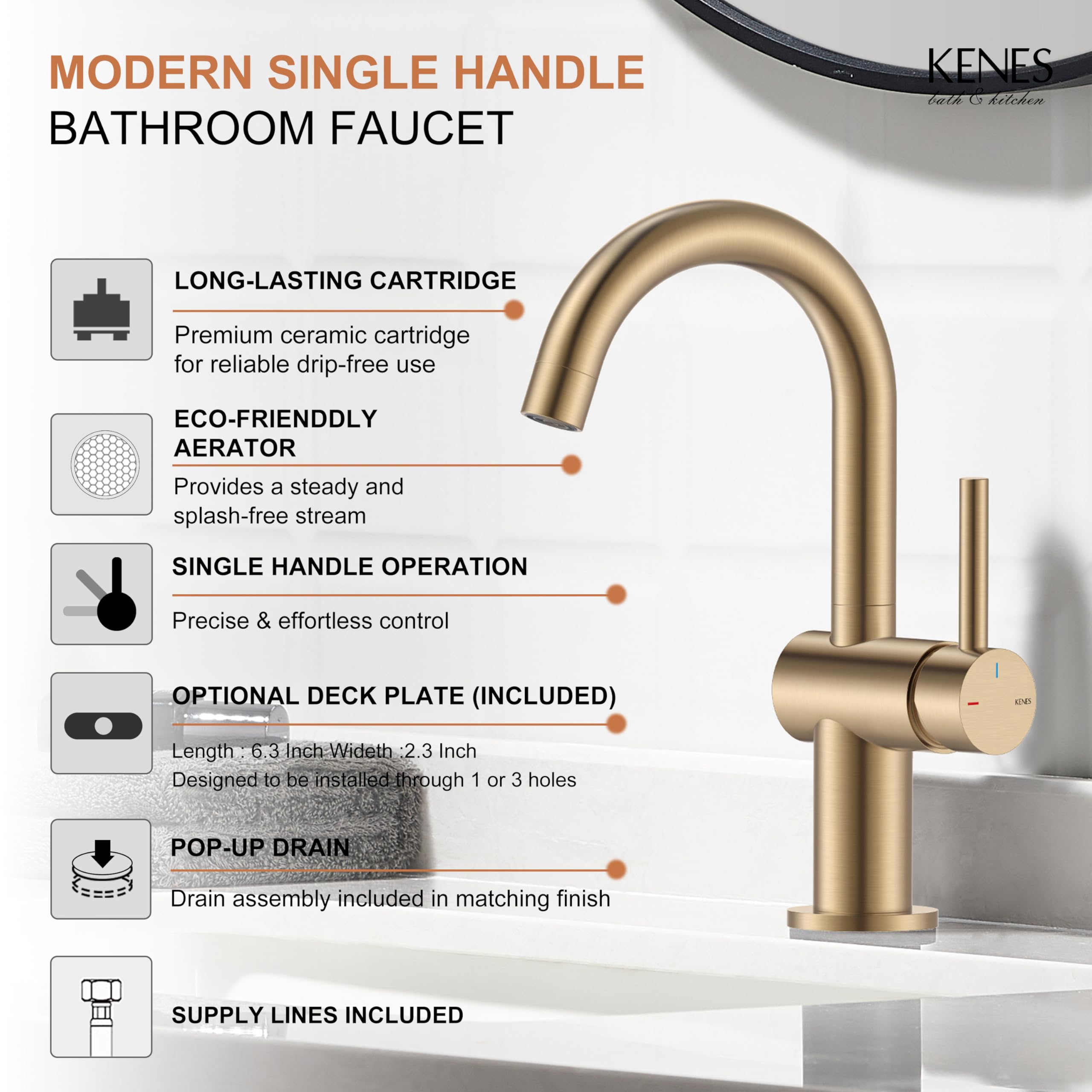 KENES Black and Gold Single Handle Bathroom Sink Faucet, Modern Prep Wet Bar Sink Faucet with Drain Assembly & Deck Plate, Vanity Faucets for Farmhouse RV Camper Utility, KE-9005B-BG