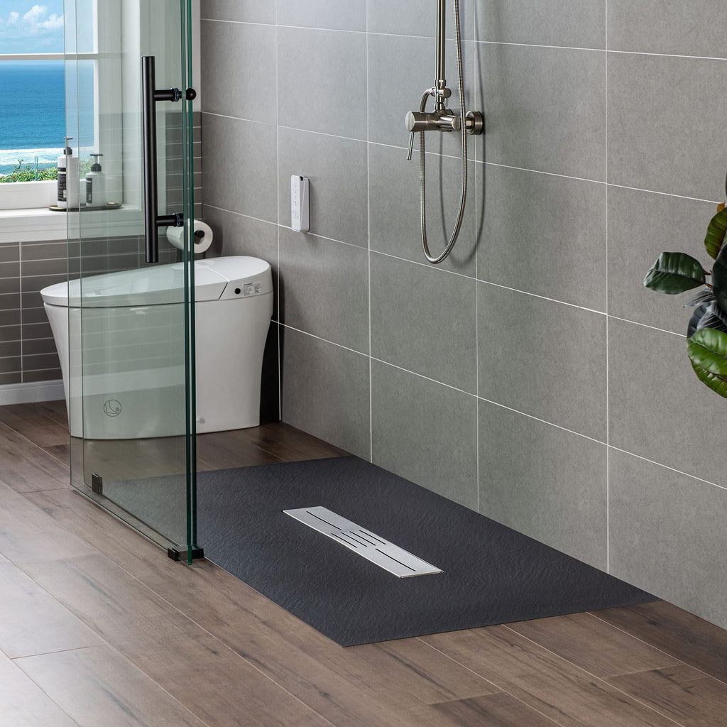WOODBRIDGE 47.25 in L x 31.5 in W Zero Threshold Shower Base with Center Drain, Decorative Drain Plate, Tile Flange, Wheelchair Access, Low Profile, Black