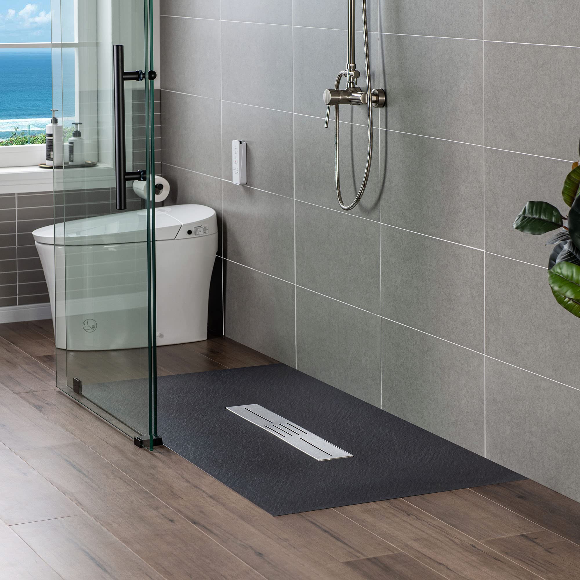 WOODBRIDGE 47.25 in L x 31.5 in W Zero Threshold Shower Base with Center Drain, Decorative Drain Plate, Tile Flange, Wheelchair Access, Low Profile, Black