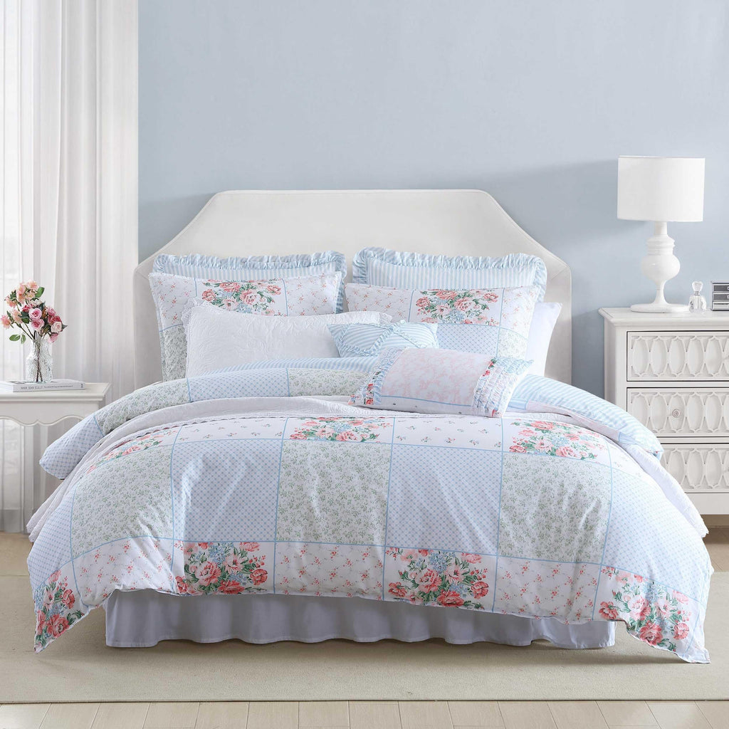 Laura Ashley - Duvet Set, Super Soft & Cozy Bedding, Includes Matching Shams & Bonus Throw Pillow Covers, Coquette Room Decor (Hope Patchwork Blue, Twin)
