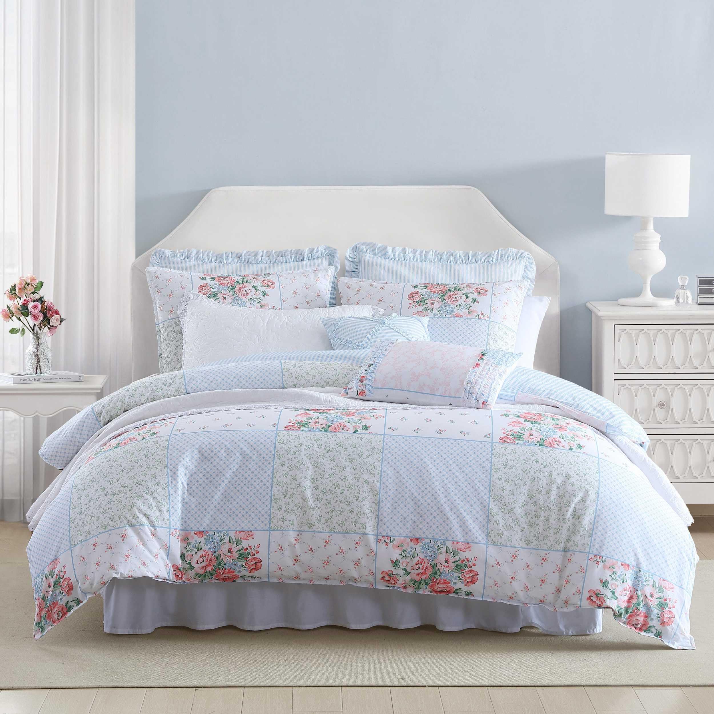 Laura Ashley - Duvet Set, Super Soft & Cozy Bedding, Includes Matching Shams & Bonus Throw Pillow Covers, Coquette Room Decor (Hope Patchwork Blue, Twin)
