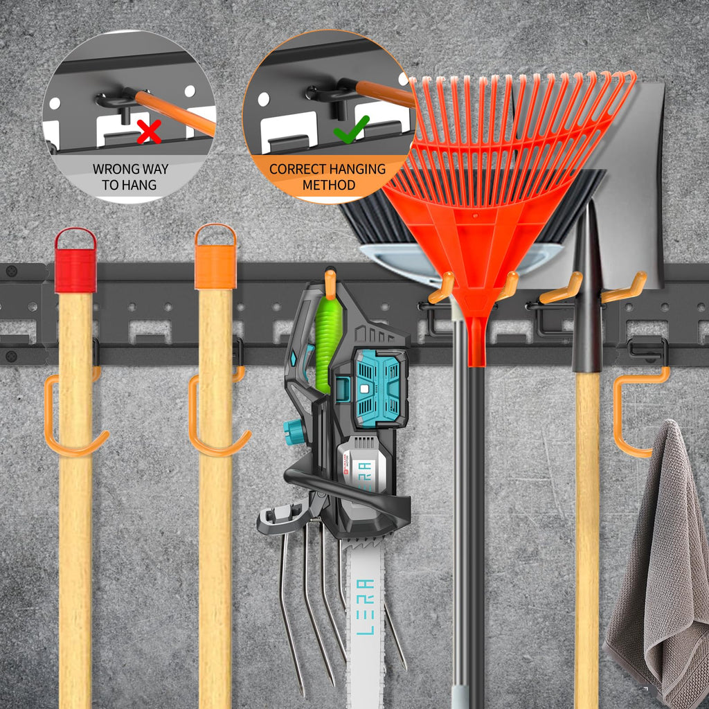 Garden Tool Organizer Wall Mount - Garage Storage and Organization Yard Tool Hanger with Adjustable Pegboard Hooks Shed Rack for Broom Mop Shovel Rake Trimmers, 32 inch Max 350lbs, Black