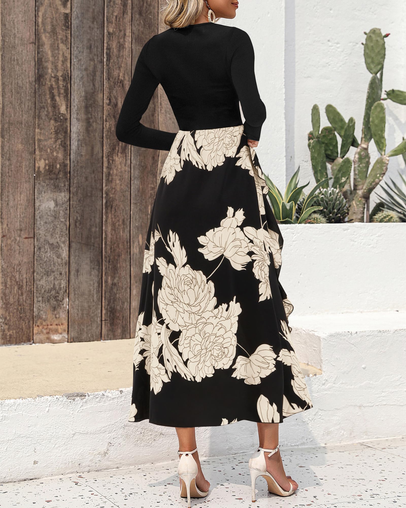 BTFBM Womens Floral Maxi Dress Fall 2025 Casual Crewneck Long Sleeve Ruffle Flowy Cocktail Wedding Guest Dresses