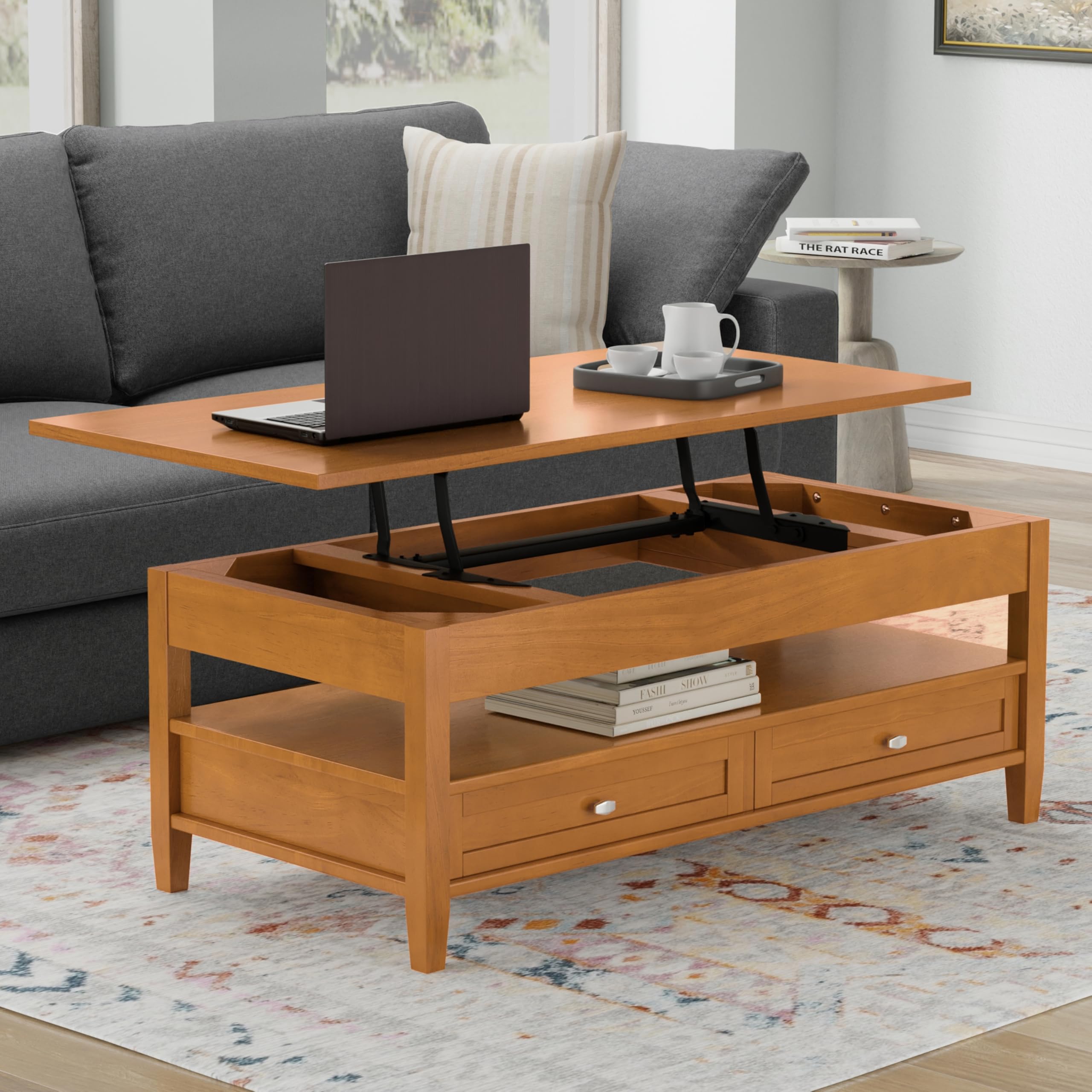 SIMPLIHOME Warm Shaker Coffee Table - 48 inch Wide Solid Wood Coffee Table in Black, Transitional Living Room Table with 2 Drawers, Open Shelf, Shaker Fronts and Tapered Legs