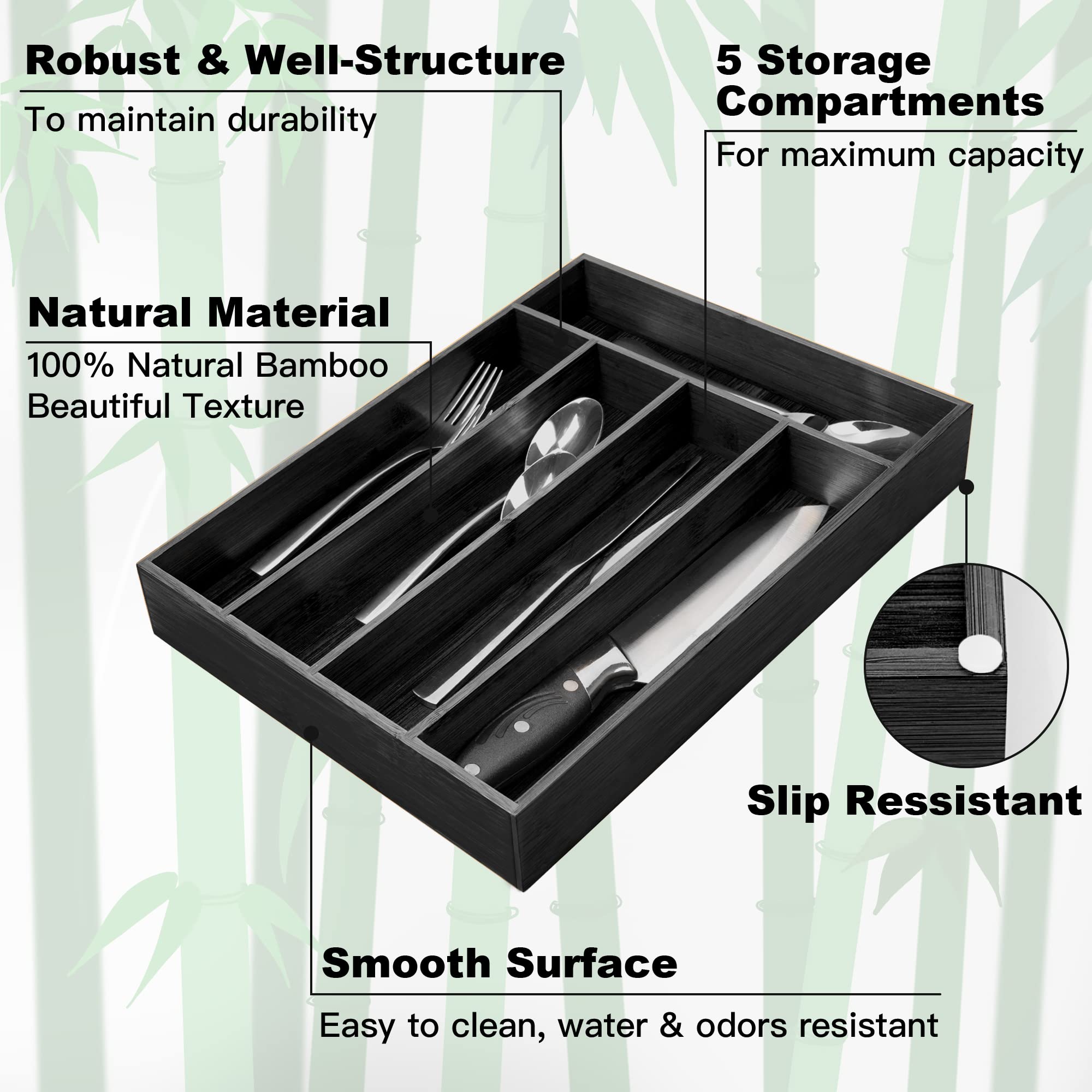 Acacia 4 Slot Silverware Drawer Organizer - Cutlery Holder with Flatware Tray