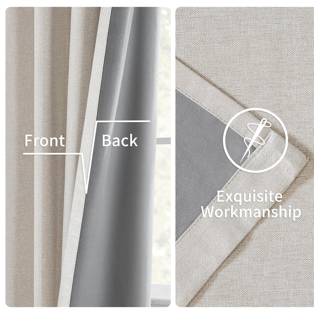 MIULEE Linen Pinch Pleated 100% Blackout Curtains for Bedroom 84 Inch Long 2 Panels Set- Back Tab Track Beige Thermal Insulated Cream Black Out Triple Pleat Room Darkening Drapes with Hooks, Greige