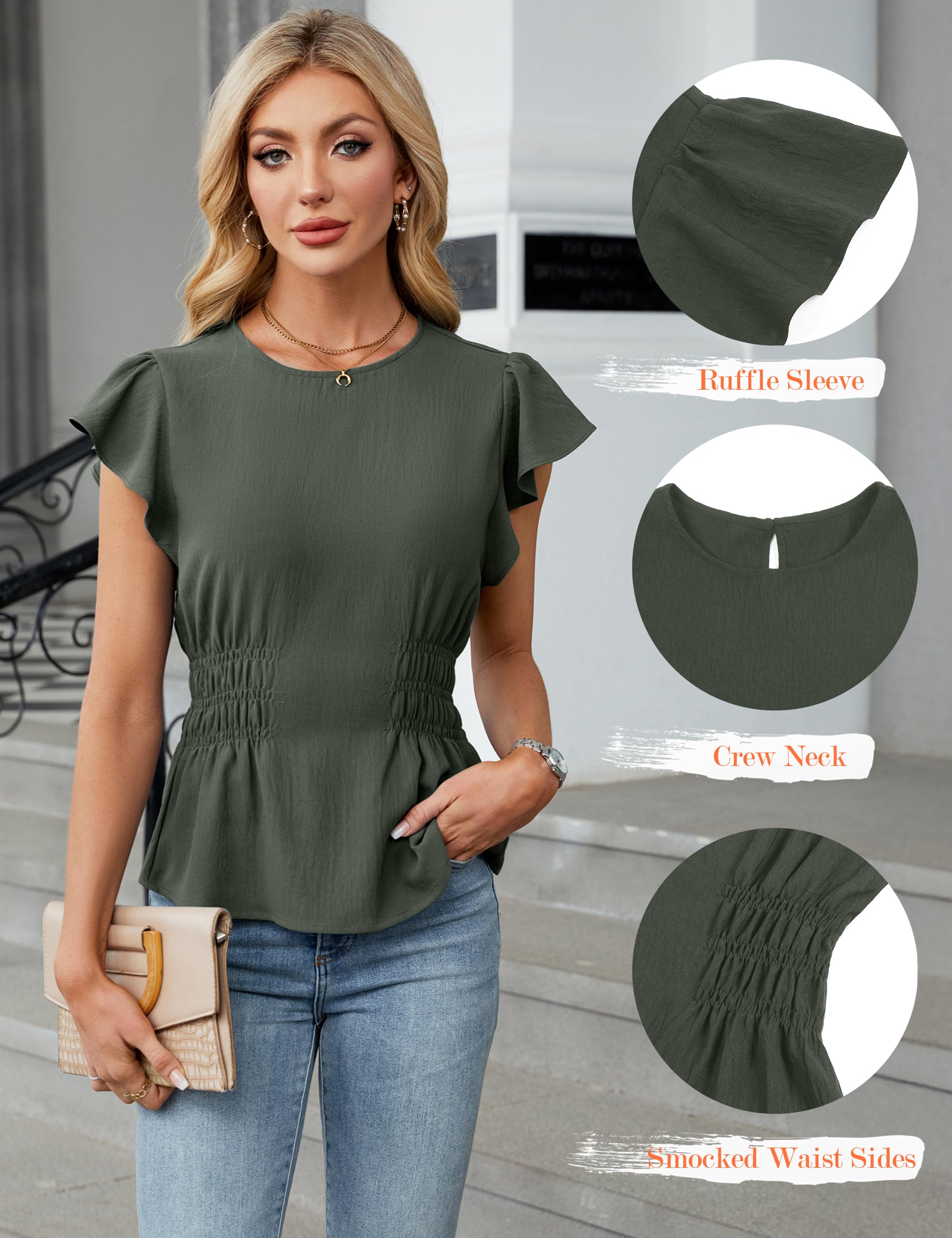 Blooming Jelly Women's Dressy Casual Blouses Business Ruffle Short Sleeve Tops Summer Crew Neck Smocked Shirts