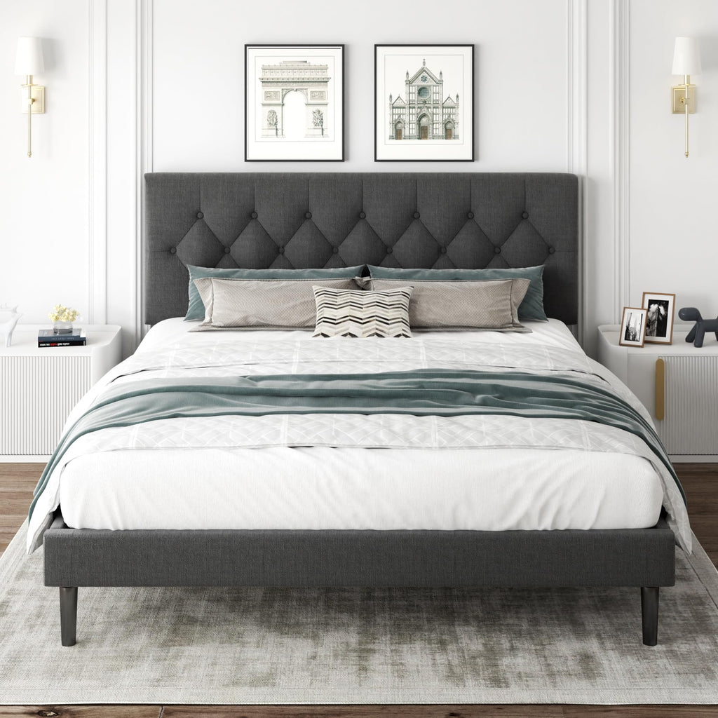 CXVX Full Size Platform Bed Frame with Upholstered Headboard, Button Tufted Design, Strong Wooden Slats, No Box Spring Needed, Easy Assembly, Noise Free