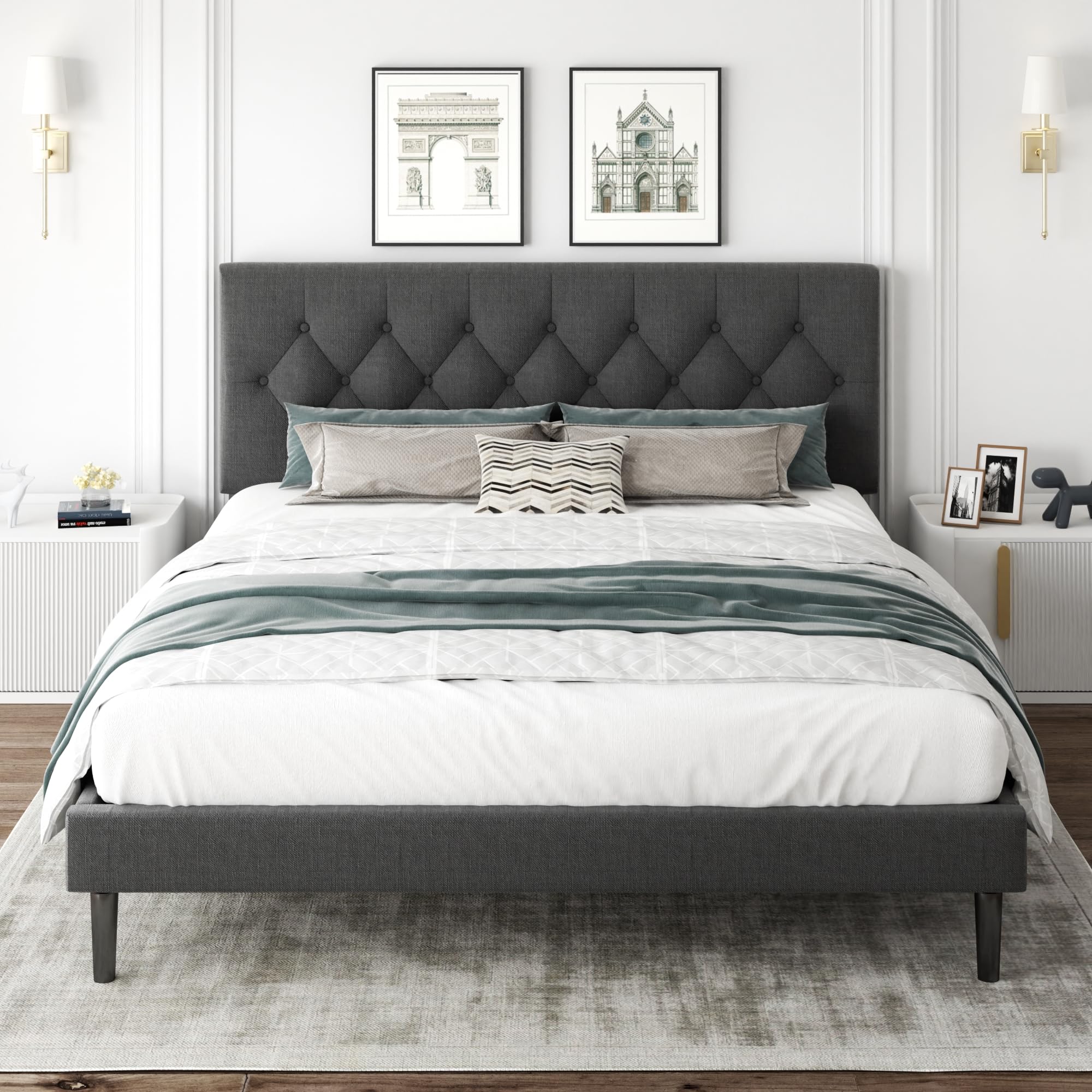 CXVX Full Size Platform Bed Frame with Upholstered Headboard, Button Tufted Design, Strong Wooden Slats, No Box Spring Needed, Easy Assembly, Noise Free