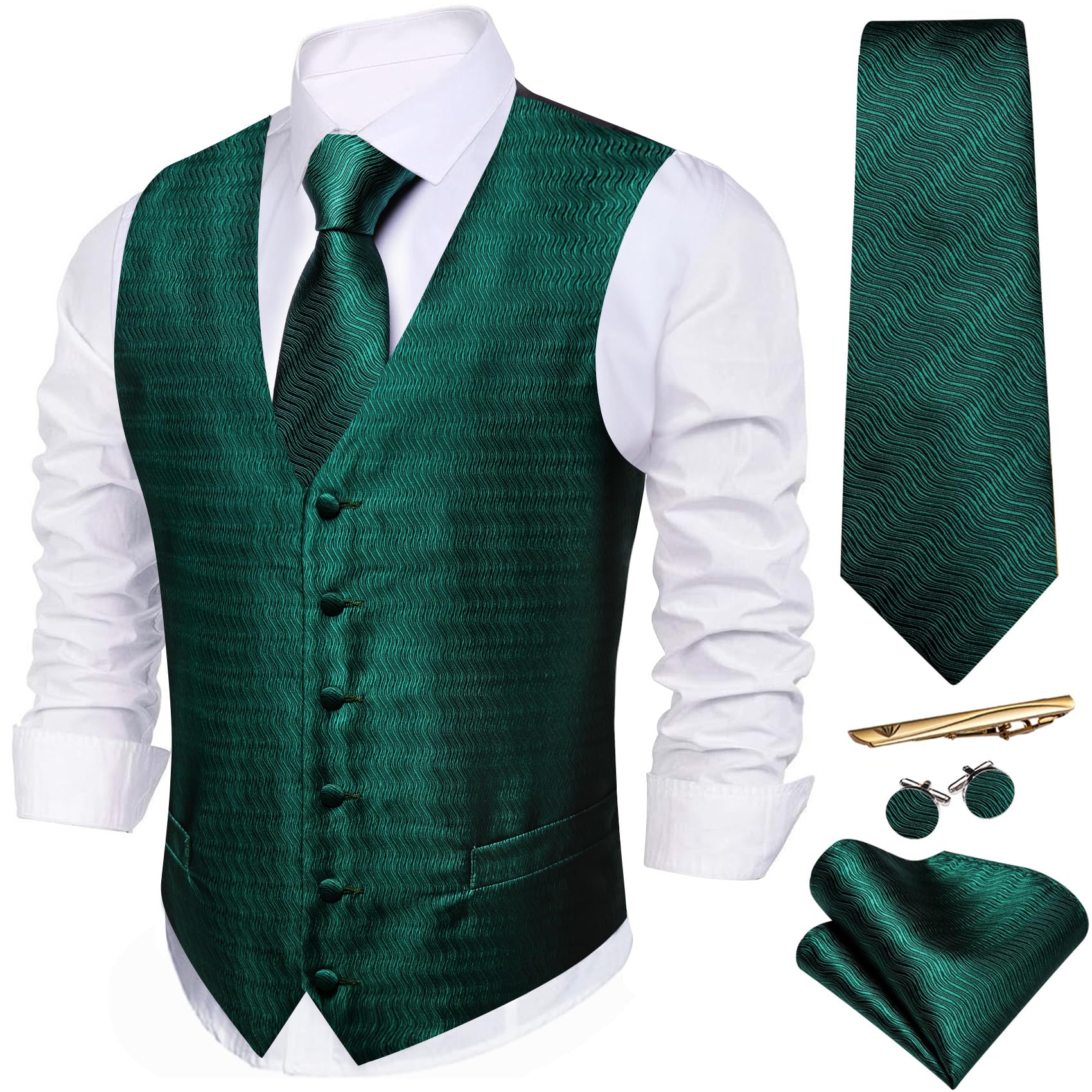 Barry.Wang Men's Suit Vest Formal/Leisure Paisley Jacquard Silk Tie Pocket Square Waistcoat Set Wedding 5PCS