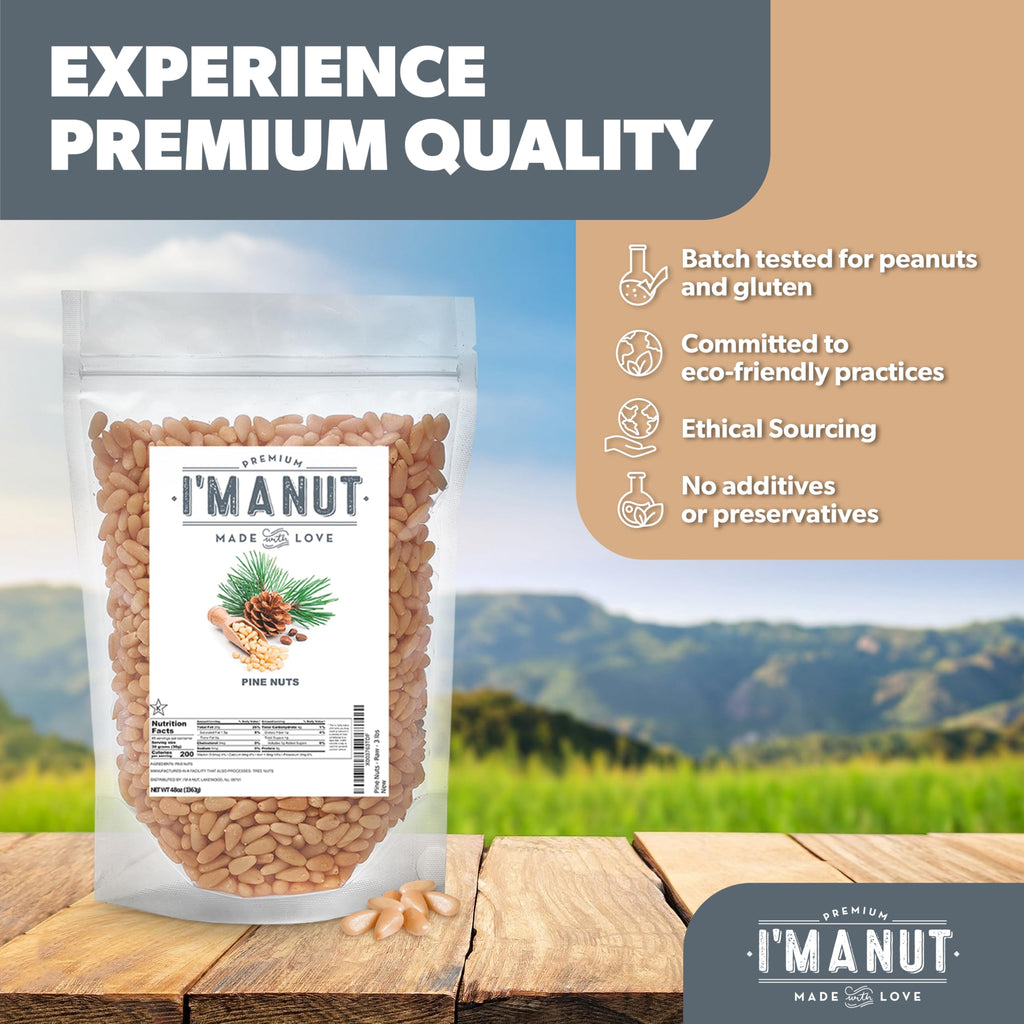 Premium Raw Pine Nuts 8oz Non-GMO, No Additives Batch Tested Gluten & Peanut Free, Resealable Pouch for Freshness, Unsalted Pine Nuts - Perfect for Pesto, Salads, Gourmet Cooking and Baking