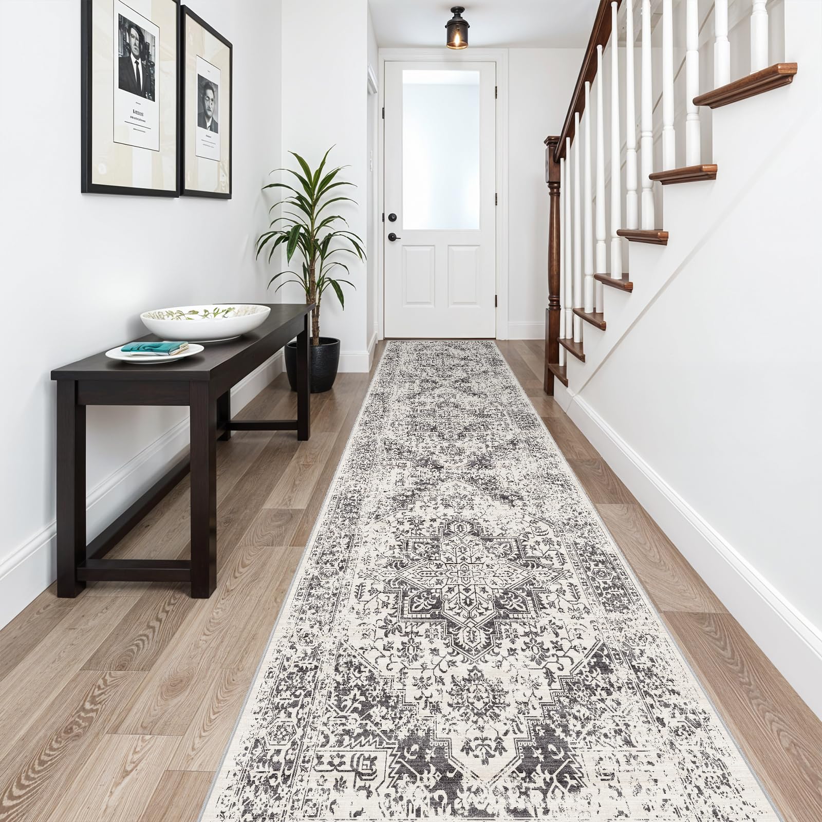 2x5 Washable Kitchen Runner Rug - Soft Low Pile Floral Animal Cat Print Rugs with Non-Slip Backing Waterproof Stain-Resistant Indoor Carpet for Hallway Entryway Bathroom Bedroom (Black)