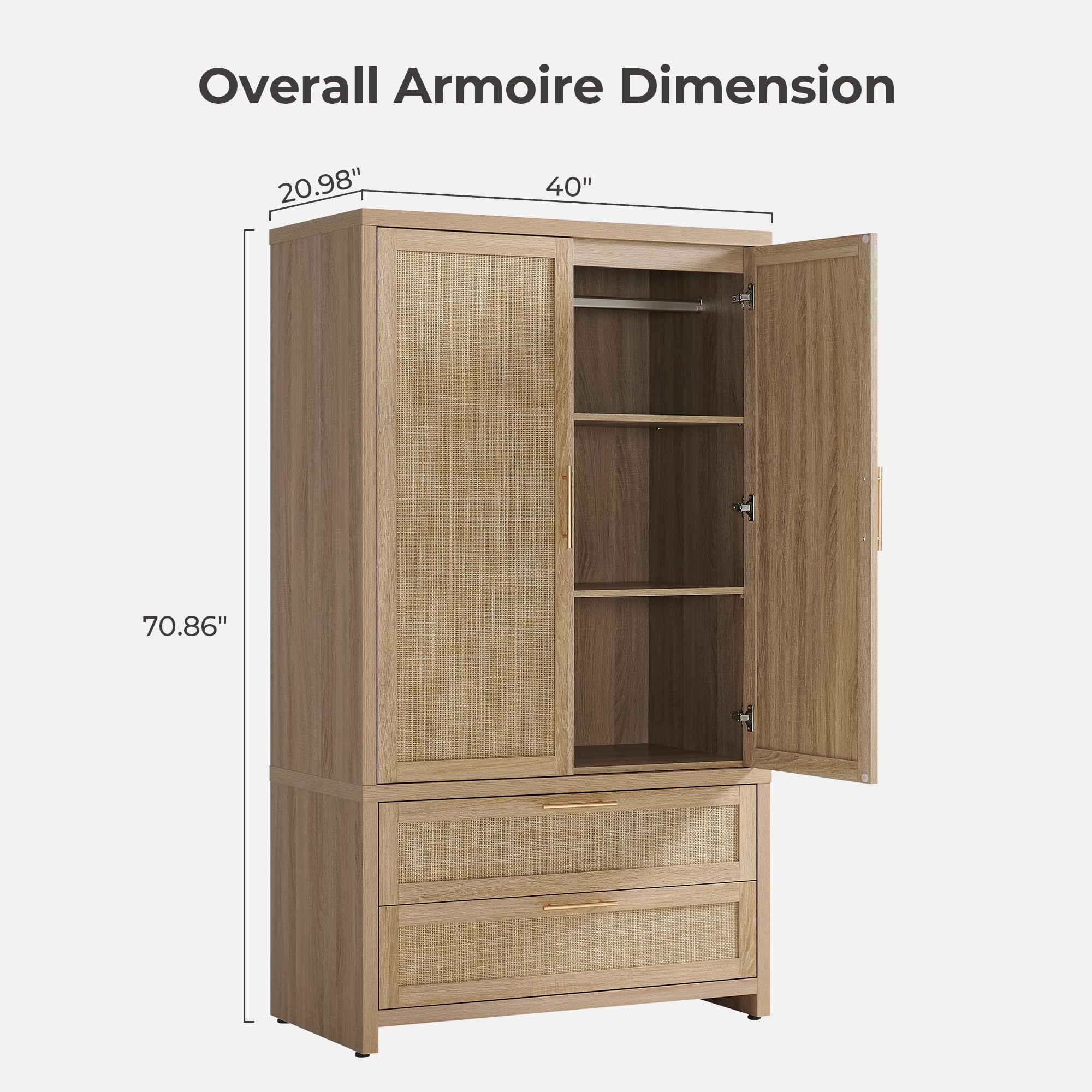 SICOTAS Rattan Armoire Wardrobe Closet Cabinet, 71" Wardrobe Storage Cabinet with Doors, 2 Drawers and Hanging Rod, Boho Large-Capacity Deep Armoire Clothes Organizer for Bedroom, Black Oak