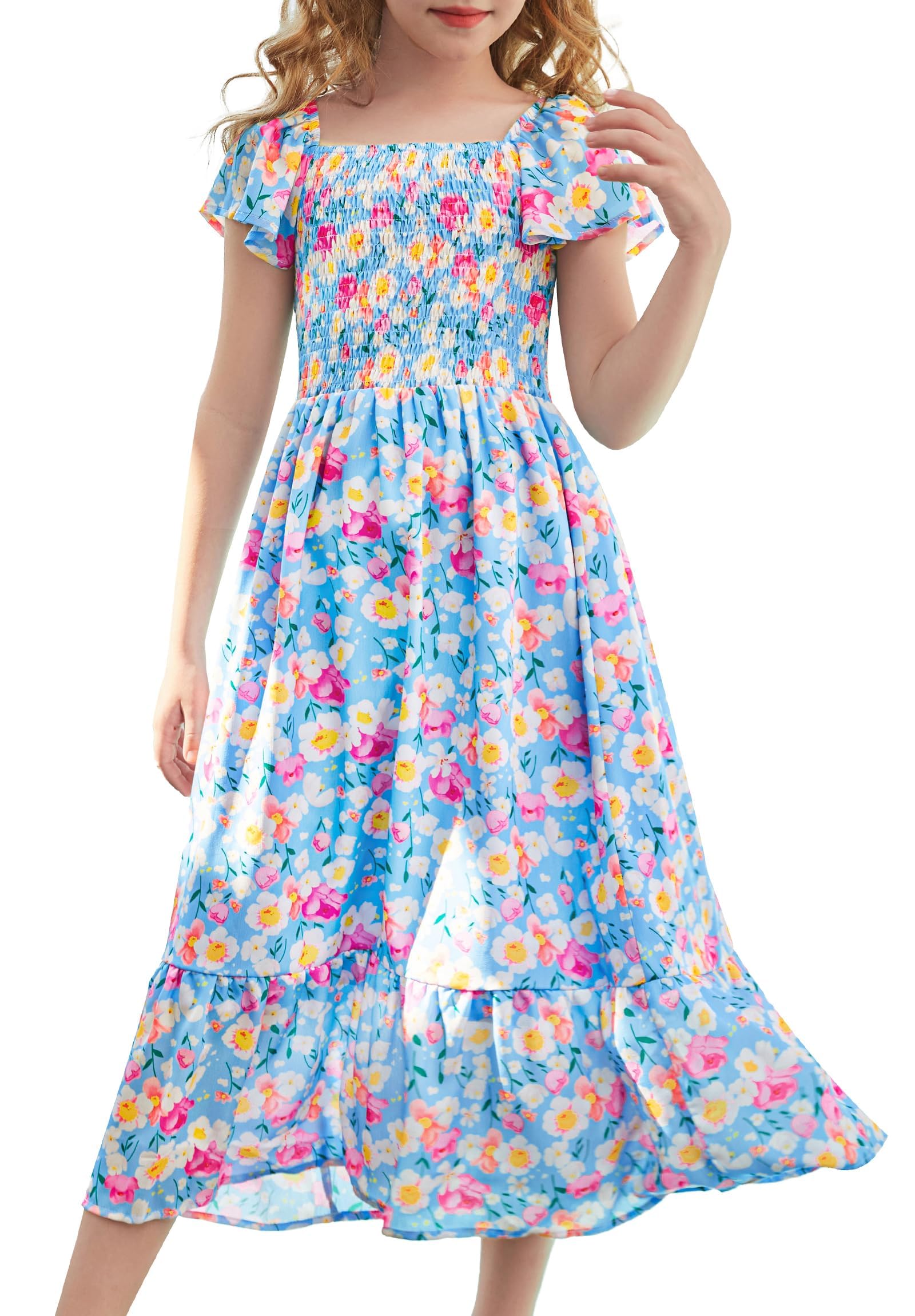 GRACE KARIN Girls Flutter Sleeve Floral Dresses Girl Long Midi Spring Dress Kids Smocked Flare Summer Dress 6-16Y