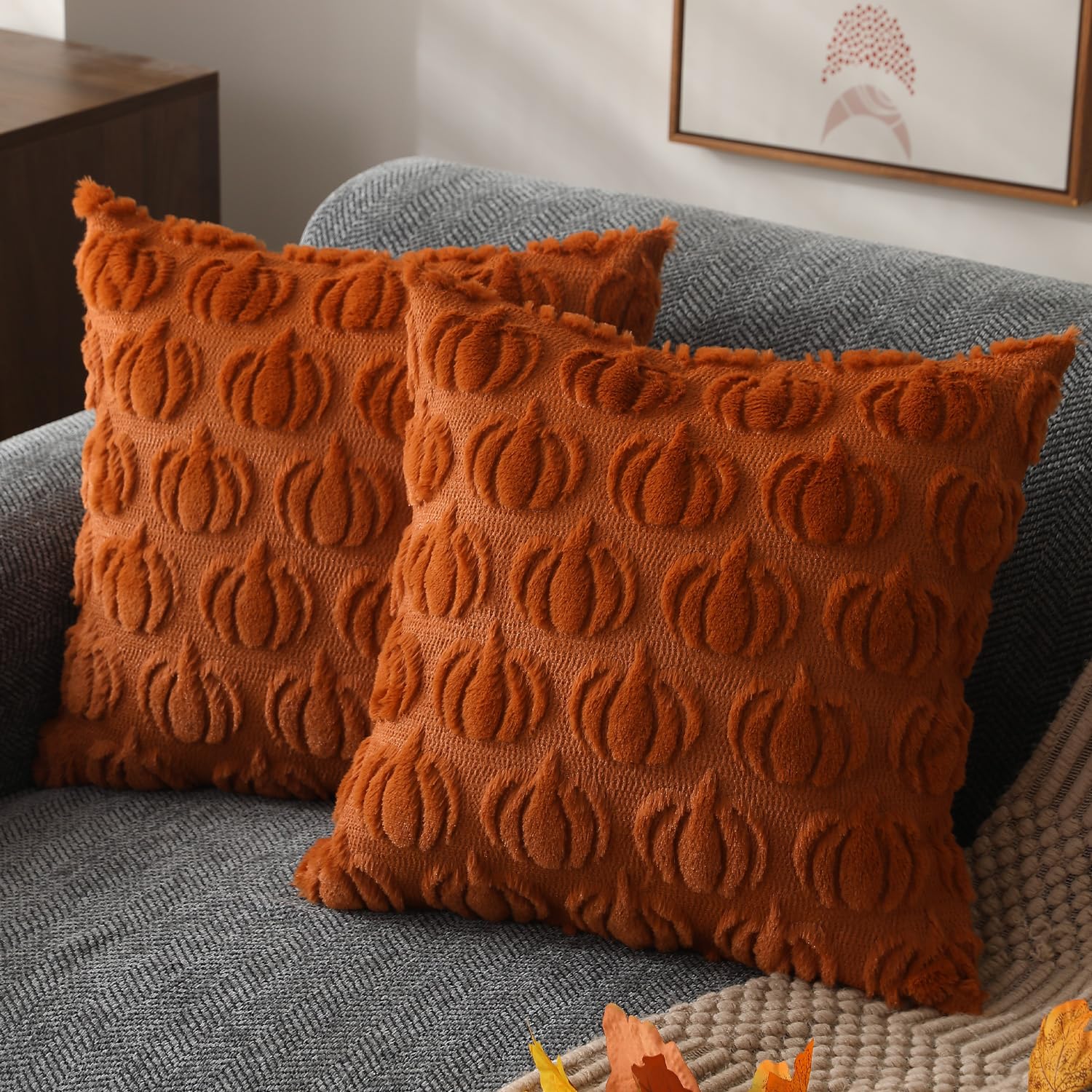 DFXSZ Fall Pillow Covers 16x16 Set of 2 Fall Decorations Autumn Beige Pumpkin Throw Pillow Cases Soft Plush Faux Fur Wool Couch Cushion Case for Chair Sofa Bedroom Living Room Home Decor PTK02B16