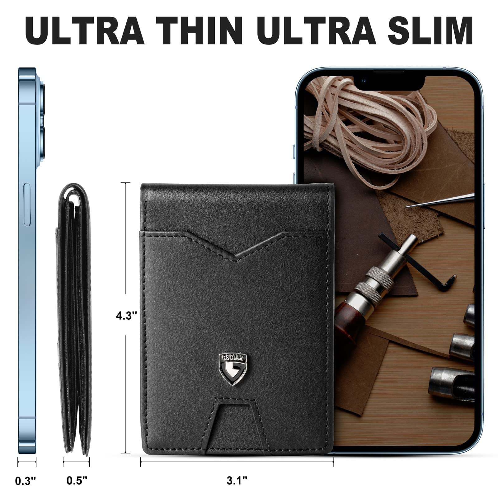 GSOIAX Slim Wallet for Men Rfid Blocking Leather Bifold Front Pocket Carbon Fiber Men's Money Clips Credit Card Holder With Gift Box