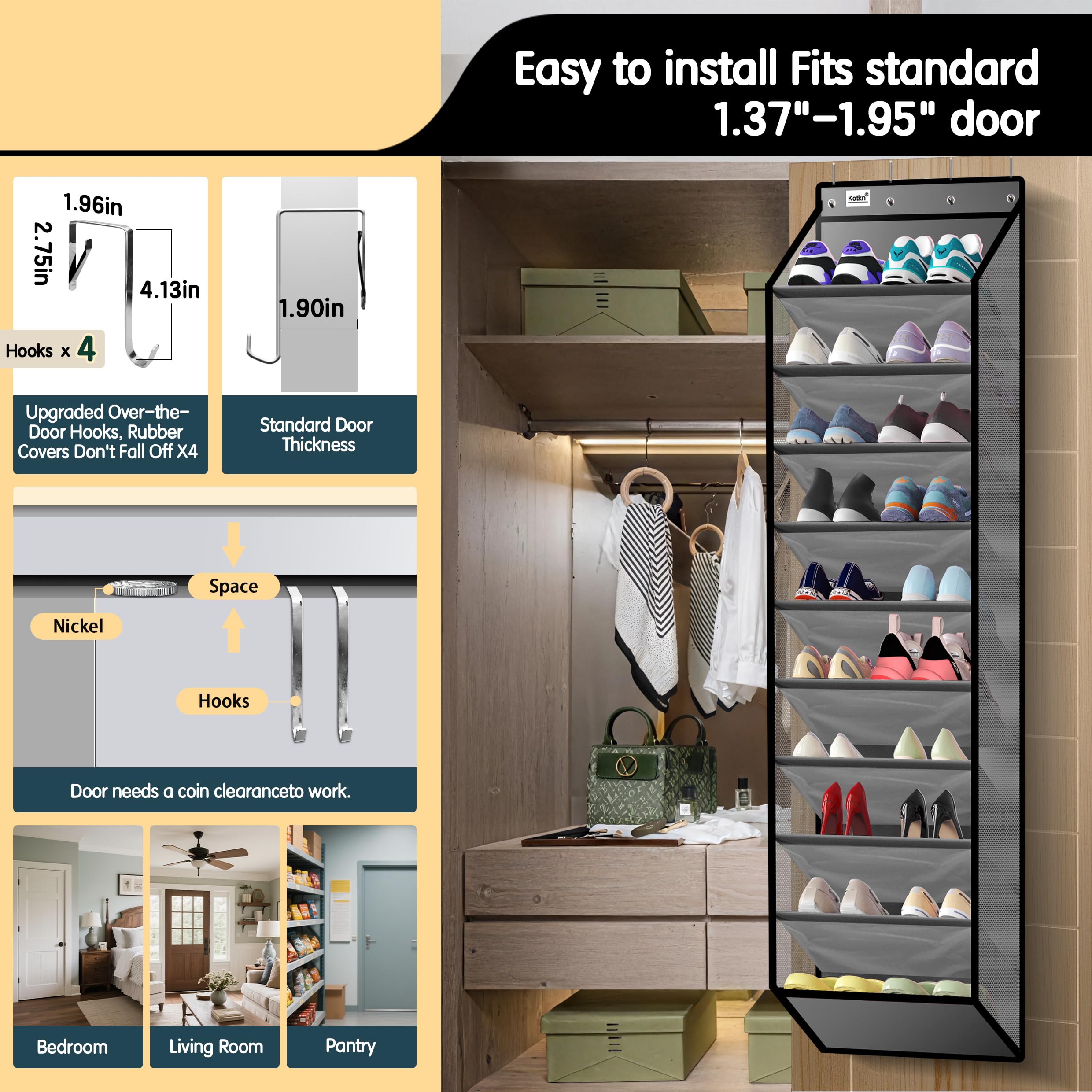 Kotkn 10 Tier Over The Door Organizer - Heavy Duty Hanging Storage Rack with Sturdy Oxford Fabric, Holds 20+ Pairs of Footwear, Boots & Sneakers, Saves 50% Closet Space(Beige)