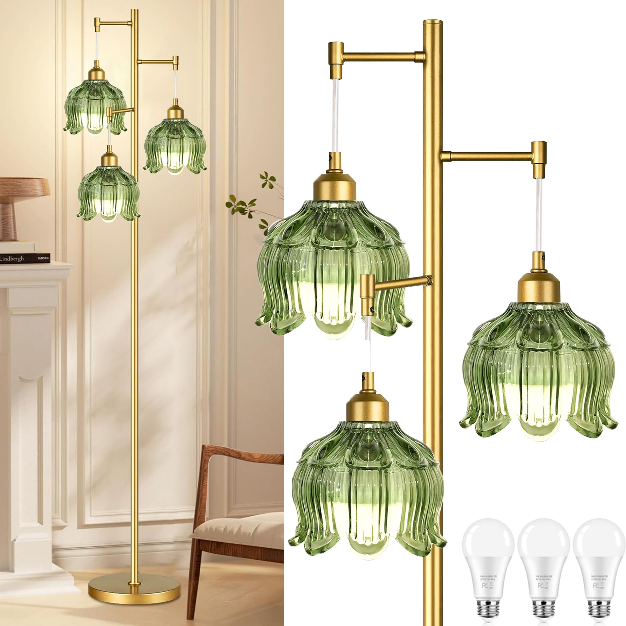 AHDWDW Gold Floor Lamp for Living Room Bedroom,Modern Floor Lamps with Unique Amber Glass Shades,68IN Mid Century Tall Flower Standing Lamp,Vintage 3 Lights Tree Floor Lamp for Corner Office Reading