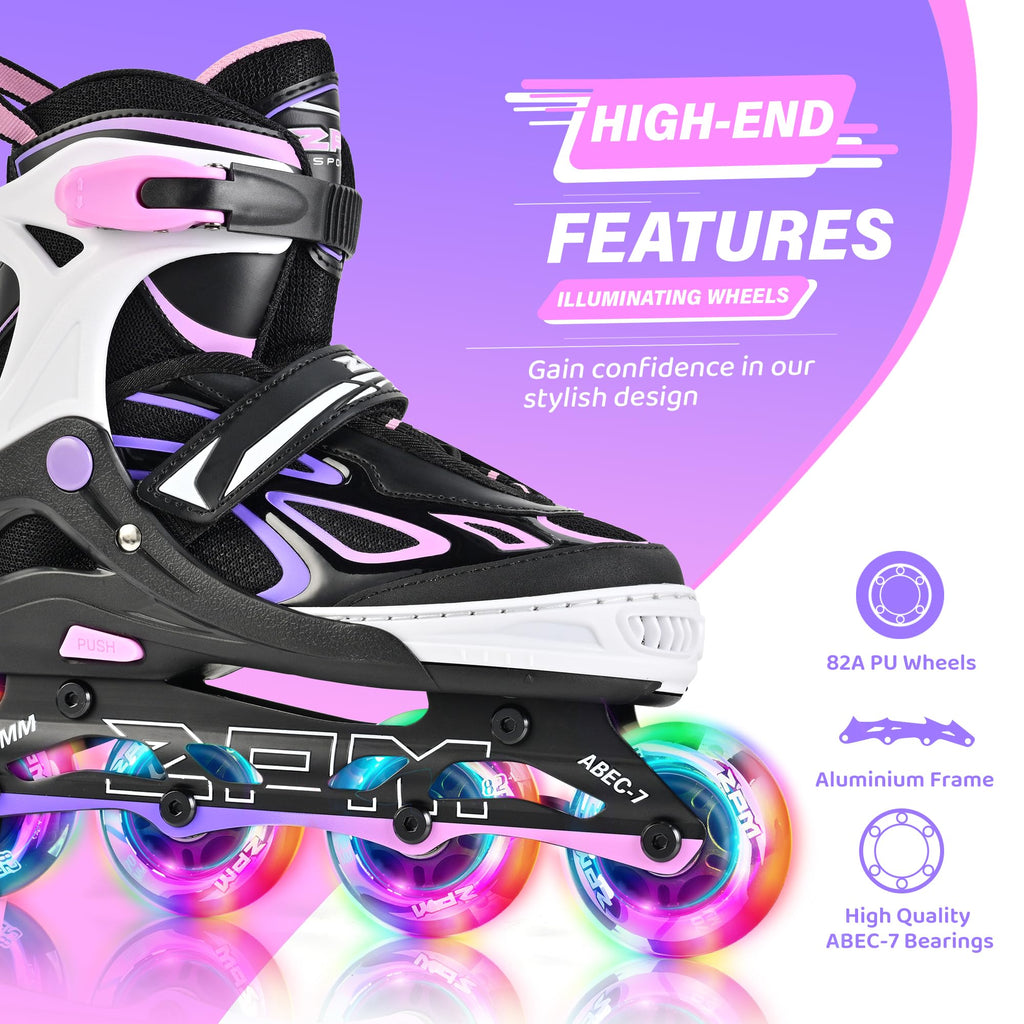 2PM SPORTS Vinal Girls Adjustable Flashing Inline Skates, All Wheels Light Up, Fun Illuminating Skates for Kids Men Adult Women and Boys
