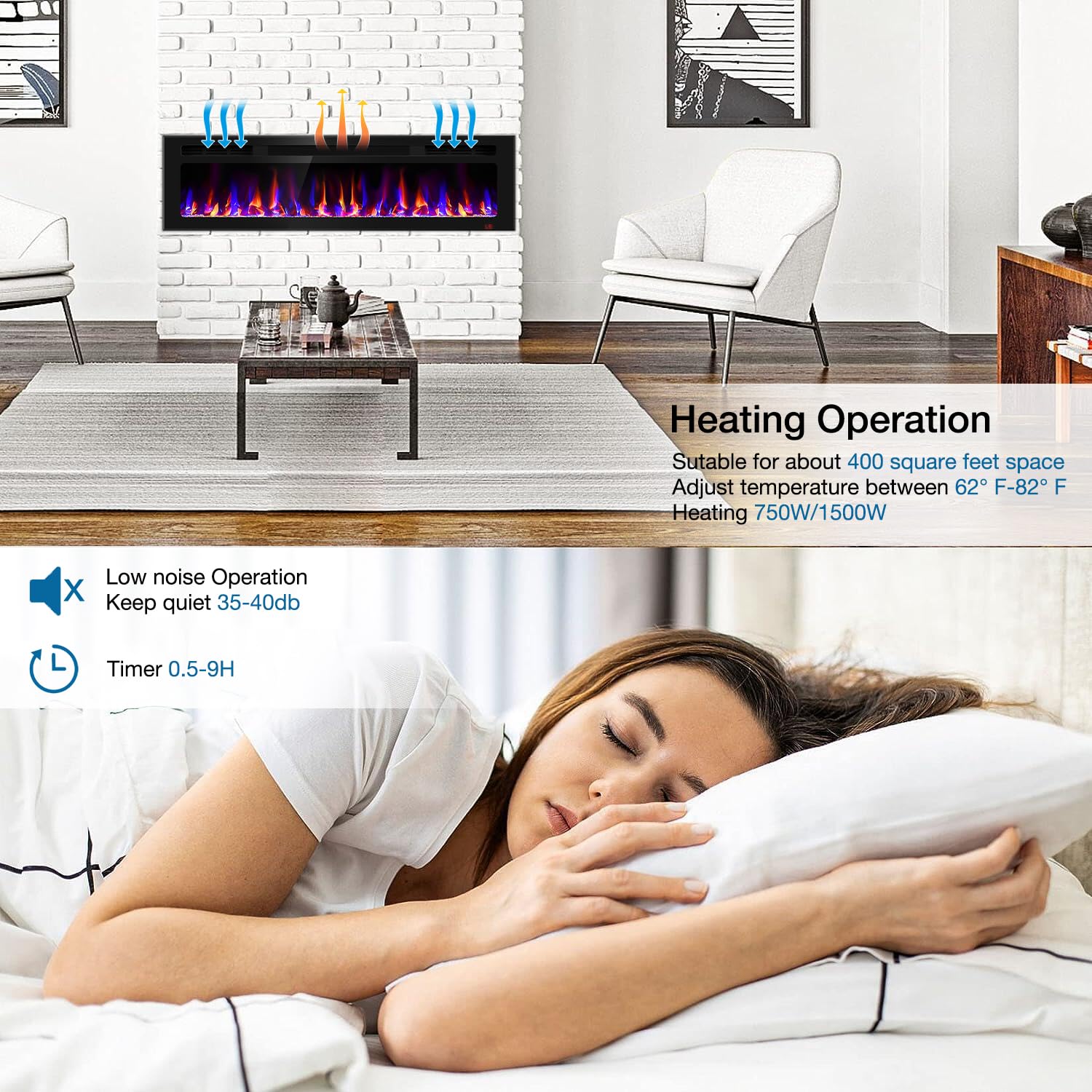 31 Inch Electric Fireplace Recessed and Wall Mounted, Fireplace Heater and Linear Fireplace, Ultra-Thin Electric Fireplace, Low Noise, with Timer, Remote Control, Adjustable 12 Flame Color, 750/1500W