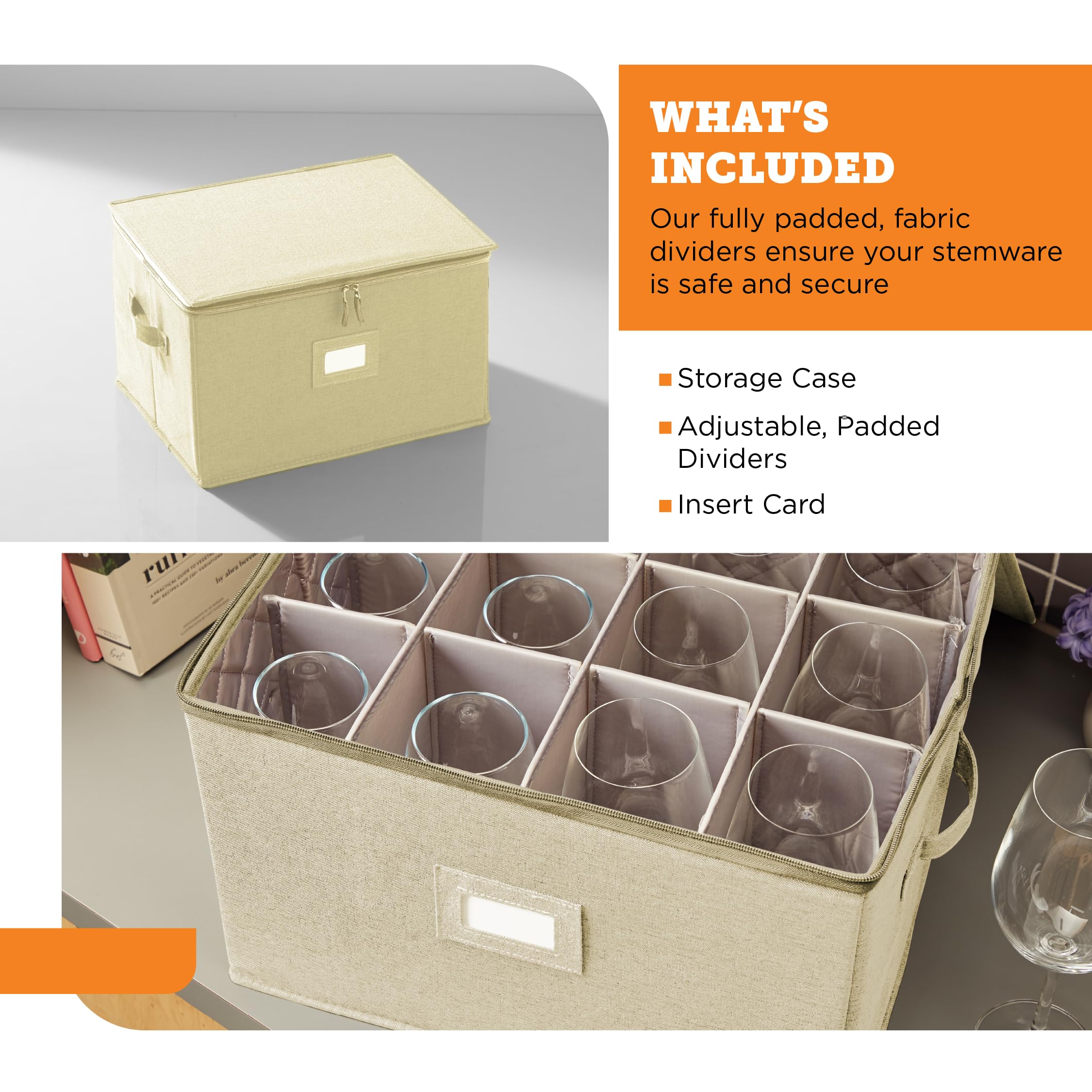 storageLAB Wine Glass Storage Containers, Hard Shell Organizer for Stemware and Glassware Sets, Stackable Wine Glass Storage Box with Dividers for Kitchen and Moving Supplies - 1 Pack, Cream
