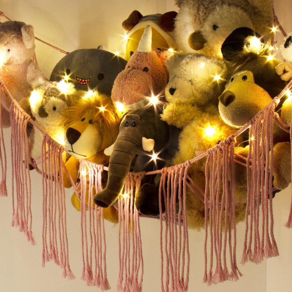 Stuffed Animal Hammock Corner with LED Light - Toy Storage Hammock Plushie Net Large - Cute Stuff Animals Holder Hanging Organizer - Baby Room Decor Kids Toddler Nursery Bedroom Boho